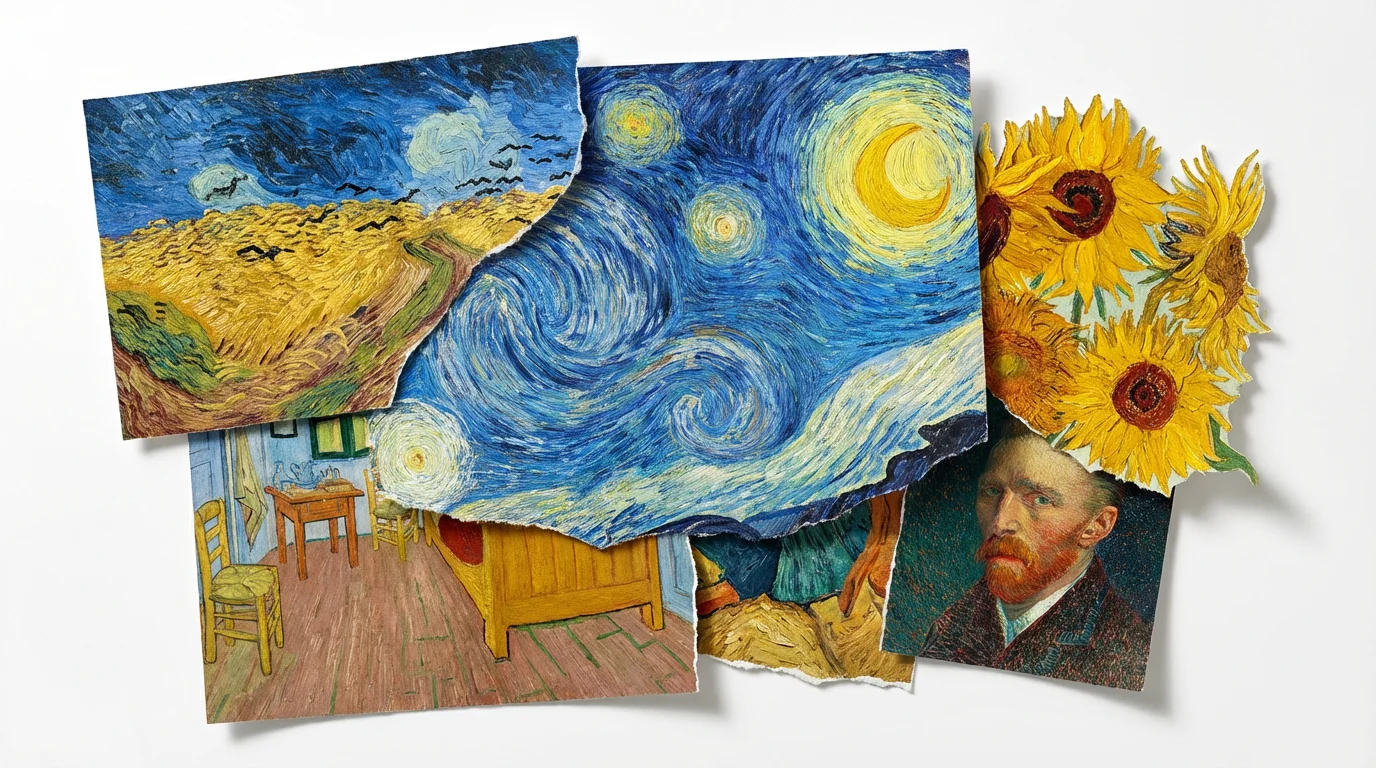 A digital collage mockup inspired by Vincent van Gogh, featuring torn-paper fragments of his famous paintings like 'The Starry Night' and 'Sunflowers', arranged artfully on a clean white background.
