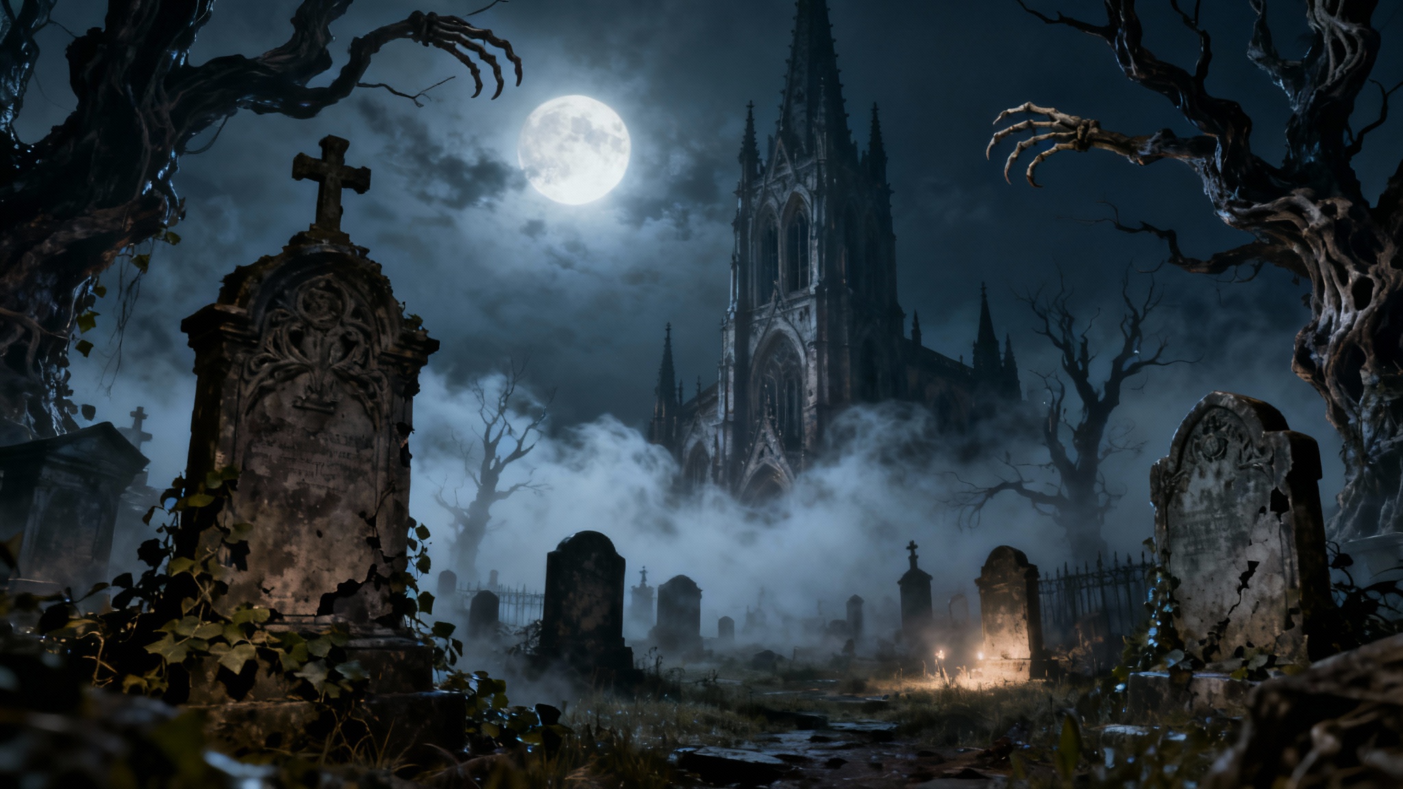 A wide-angle, photorealistic image of a spooky gothic graveyard at night, featuring old tombstones covered in ivy, eerie mist, and a large cathedral in the background under a full moon.