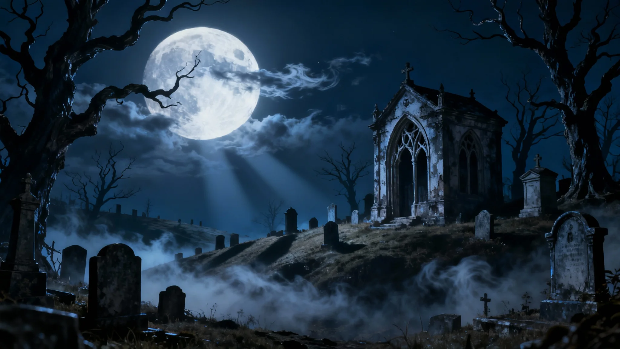 A haunting, photorealistic image of a gothic graveyard at night, featuring a full moon, swirling fog, ancient tombstones, and gnarled, leafless trees.