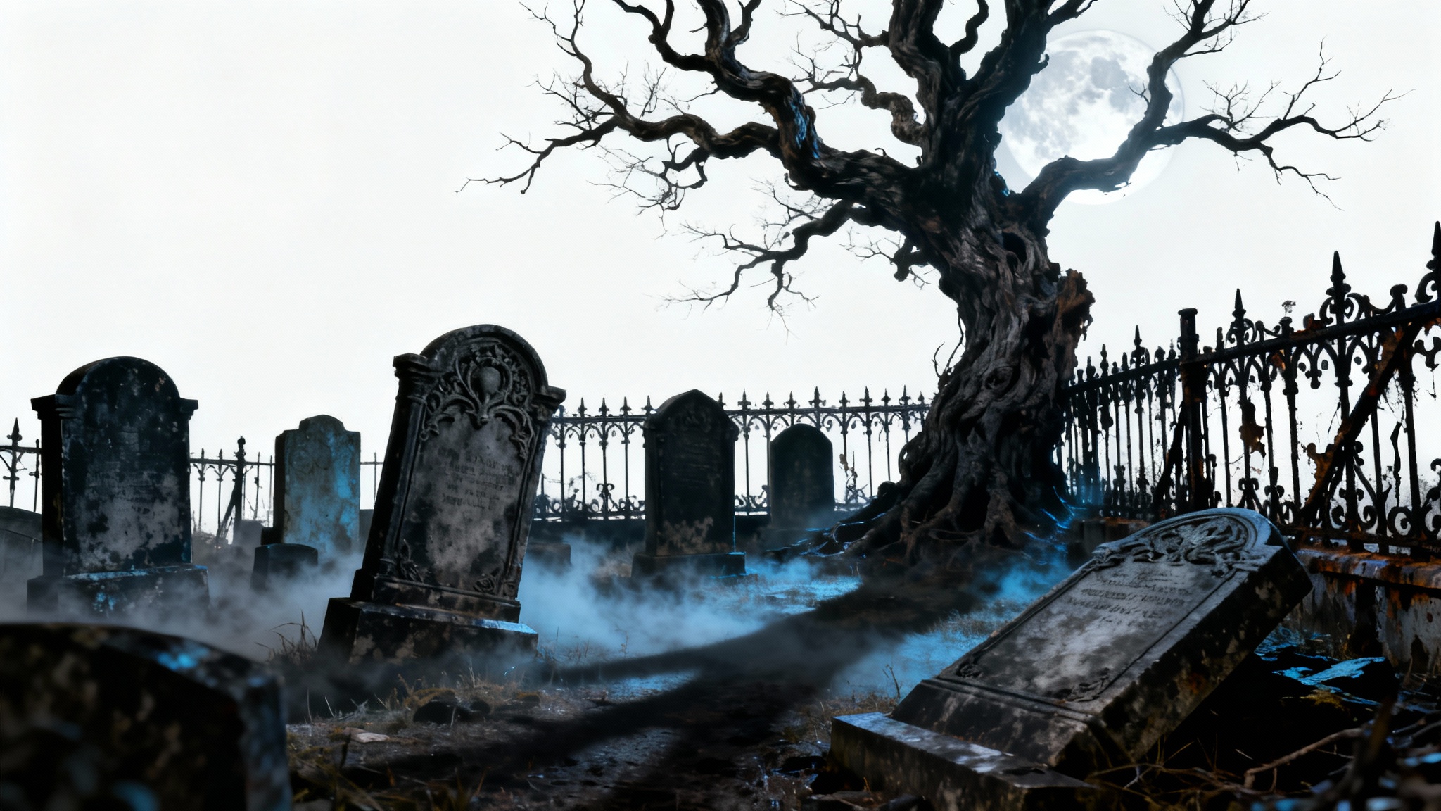 A photorealistic mockup of a spooky gothic graveyard at night, with ancient tombstones, a gnarled tree, and a wrought-iron fence, all set against a clean white background.