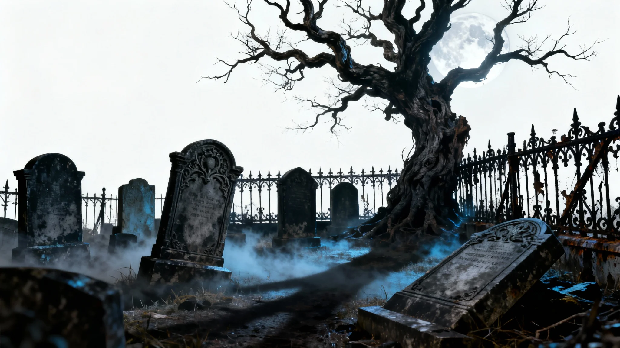 A photorealistic mockup of a spooky gothic graveyard at night, with ancient tombstones, a gnarled tree, and a wrought-iron fence, all set against a clean white background.