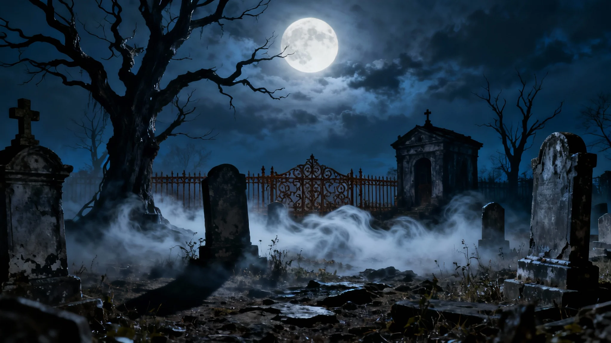 A desolate gothic graveyard at night under a full moon, with long shadows cast by ancient tombstones and leafless trees, and a thick fog covering the ground.