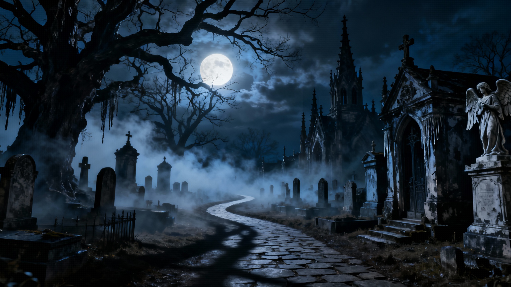 A spooky and atmospheric gothic graveyard at night, with a full moon casting light through foggy air onto ornate tombstones and gnarled trees.