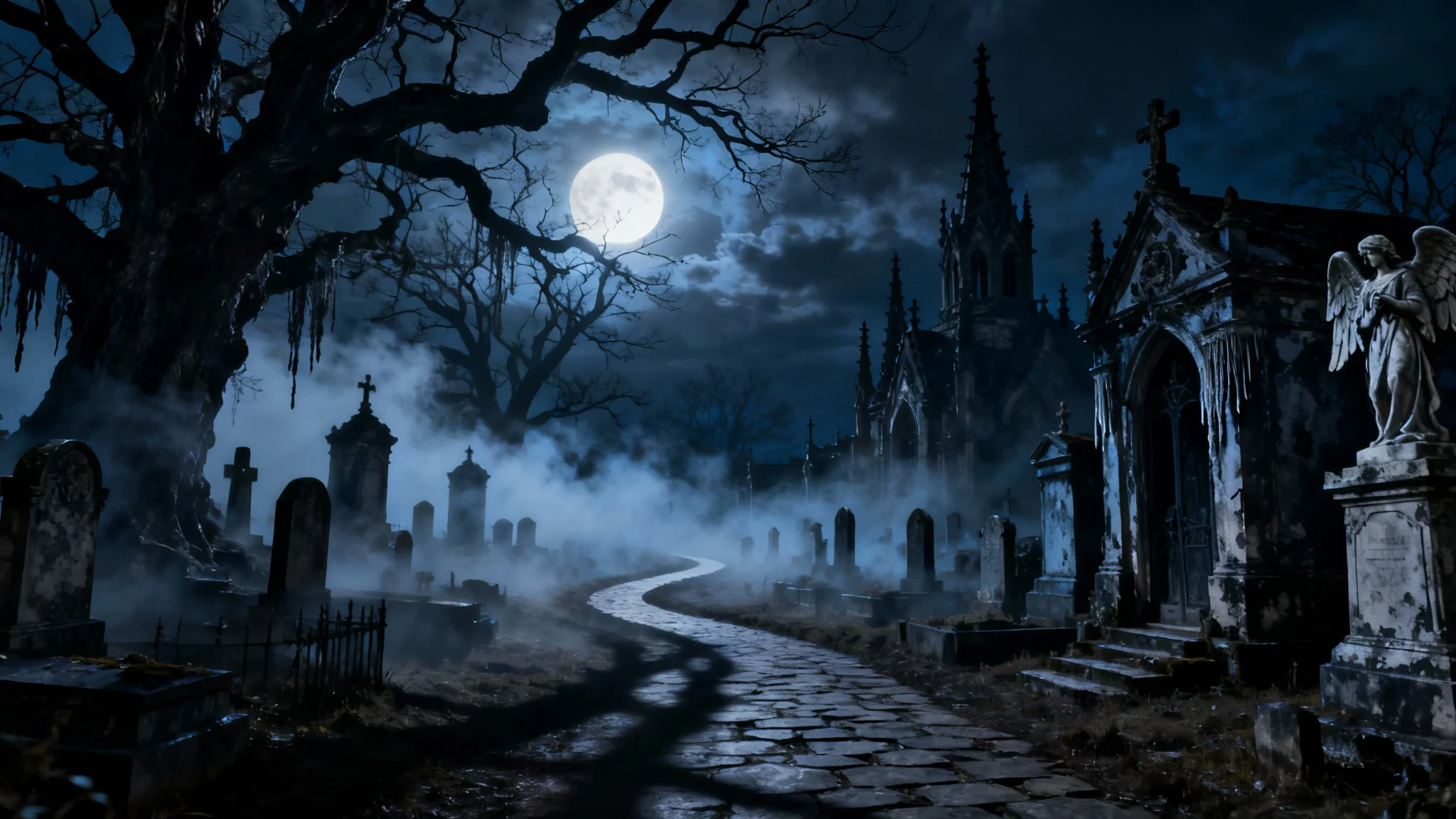 A spooky and atmospheric gothic graveyard at night, with a full moon casting light through foggy air onto ornate tombstones and gnarled trees.