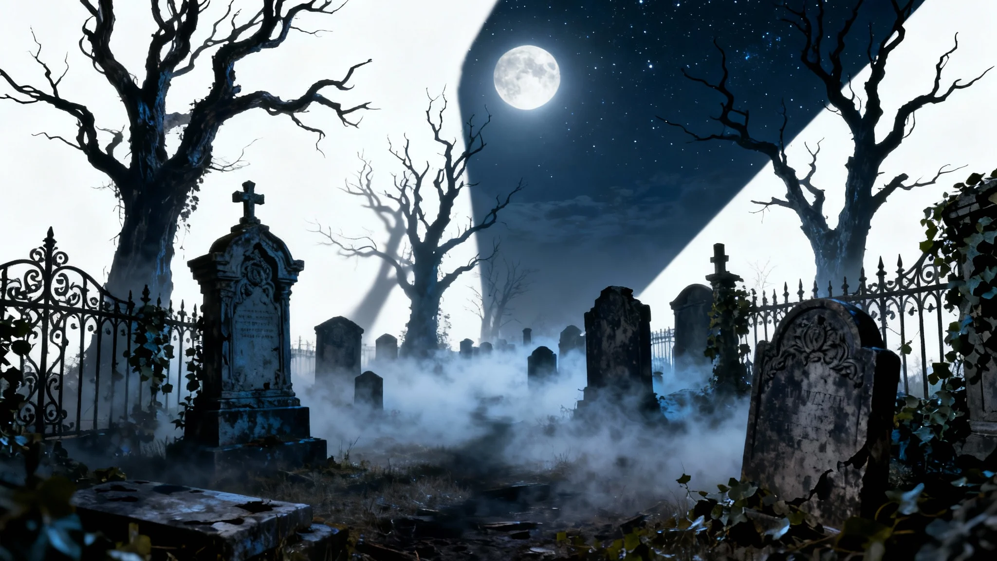 A photorealistic image of a spooky gothic graveyard at midnight, featuring a full moon, fog, and ancient tombstones, presented against a white background.