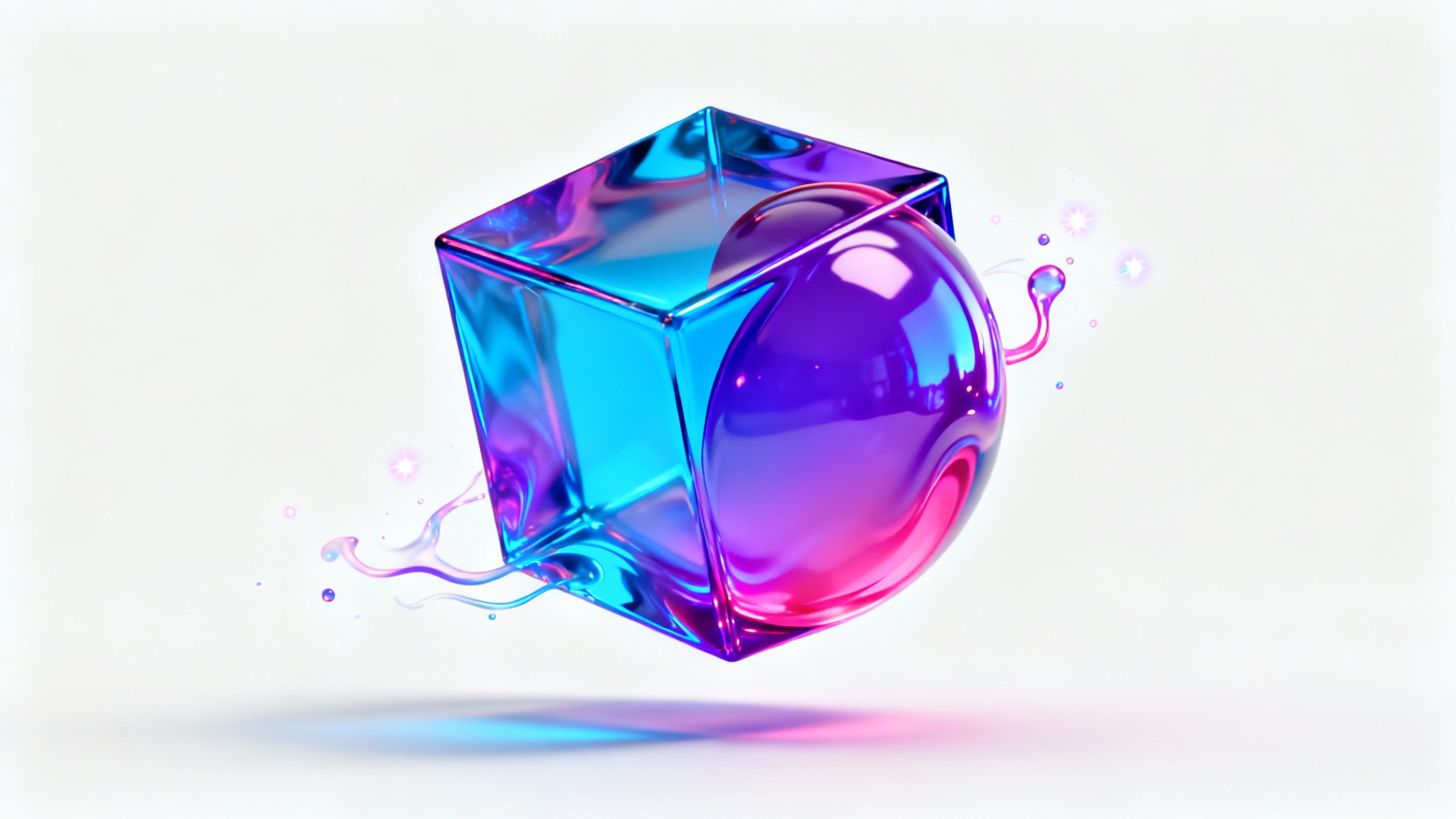 An abstract 3D rendering of a shape in mid-transformation, morphing from a sharp-edged cube into a smooth sphere. The object has a glossy, iridescent surface with colors shifting from blue to pink, set against a plain white background.
