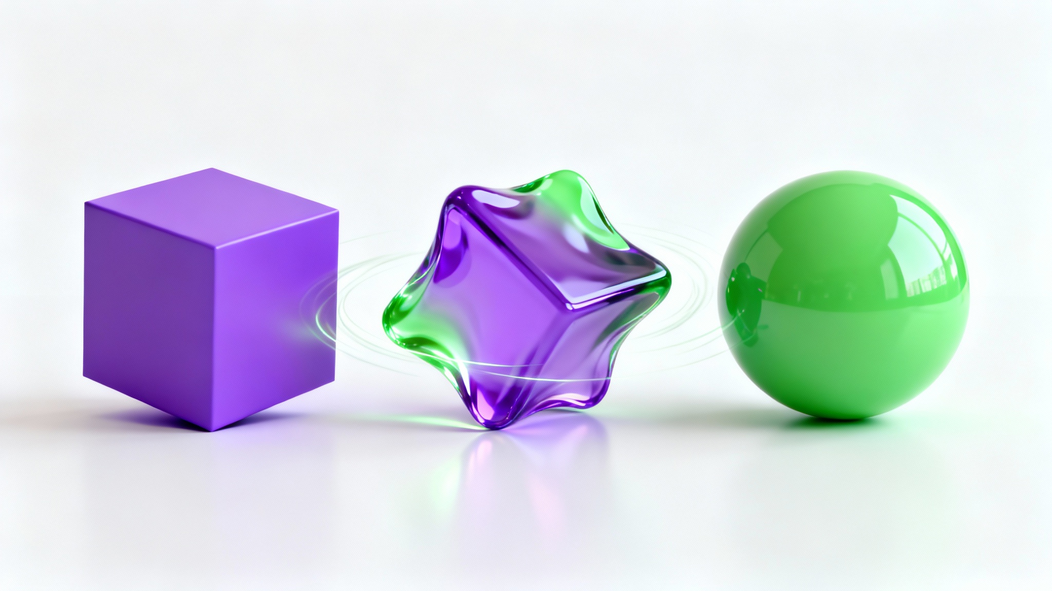 An abstract 3D rendering showing the three-stage transformation of a purple cube into a green sphere, demonstrating shape morphing against a white background.