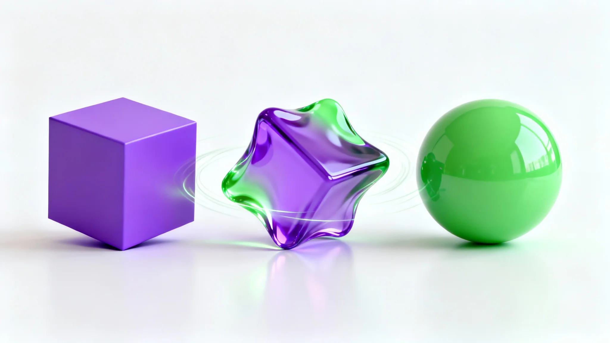 An abstract 3D rendering showing the three-stage transformation of a purple cube into a green sphere, demonstrating shape morphing against a white background.