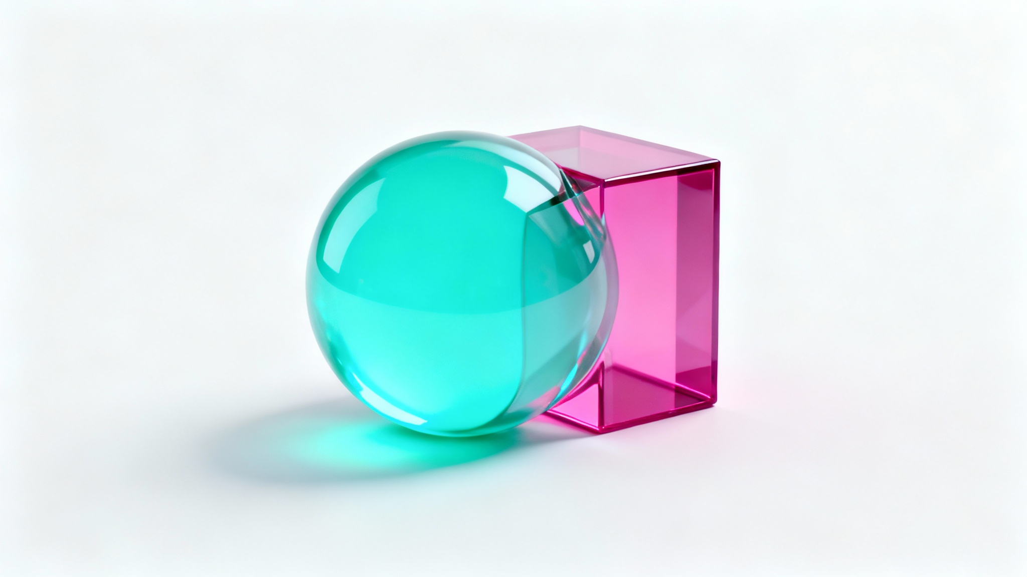 A 3D abstract image showing a teal sphere in the middle of transforming into a magenta cube, set against a stark white background.