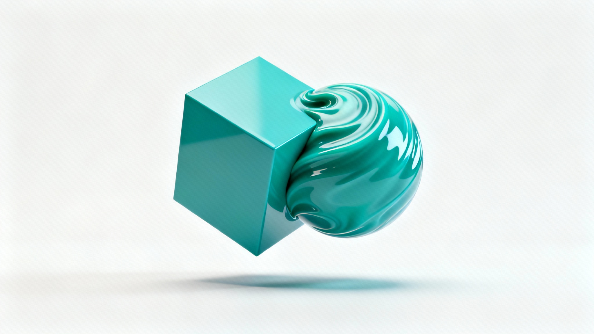 A 3D render illustrating shape morphing, showing a vibrant teal cube fluidly transforming into a sphere against a white background.