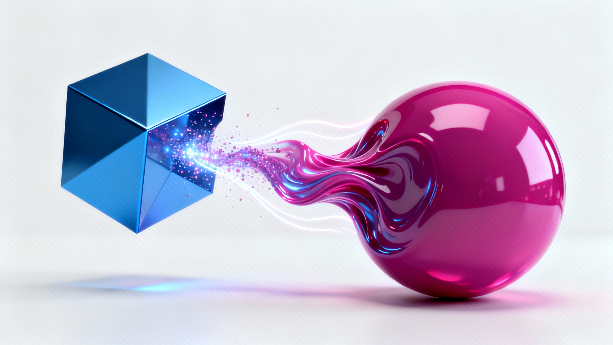 An abstract 3D rendering on a white background showing a metallic blue cube dynamically morphing into a glossy magenta sphere, with a fluid stream of particles connecting them to illustrate transformation.