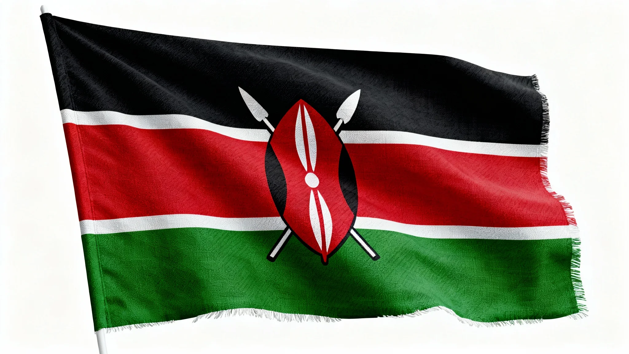 A high-quality digital illustration of the Kenyan flag, featuring its black, red, and green stripes, white fimbriations, and central Maasai shield, presented as a clean background against a solid white surface.