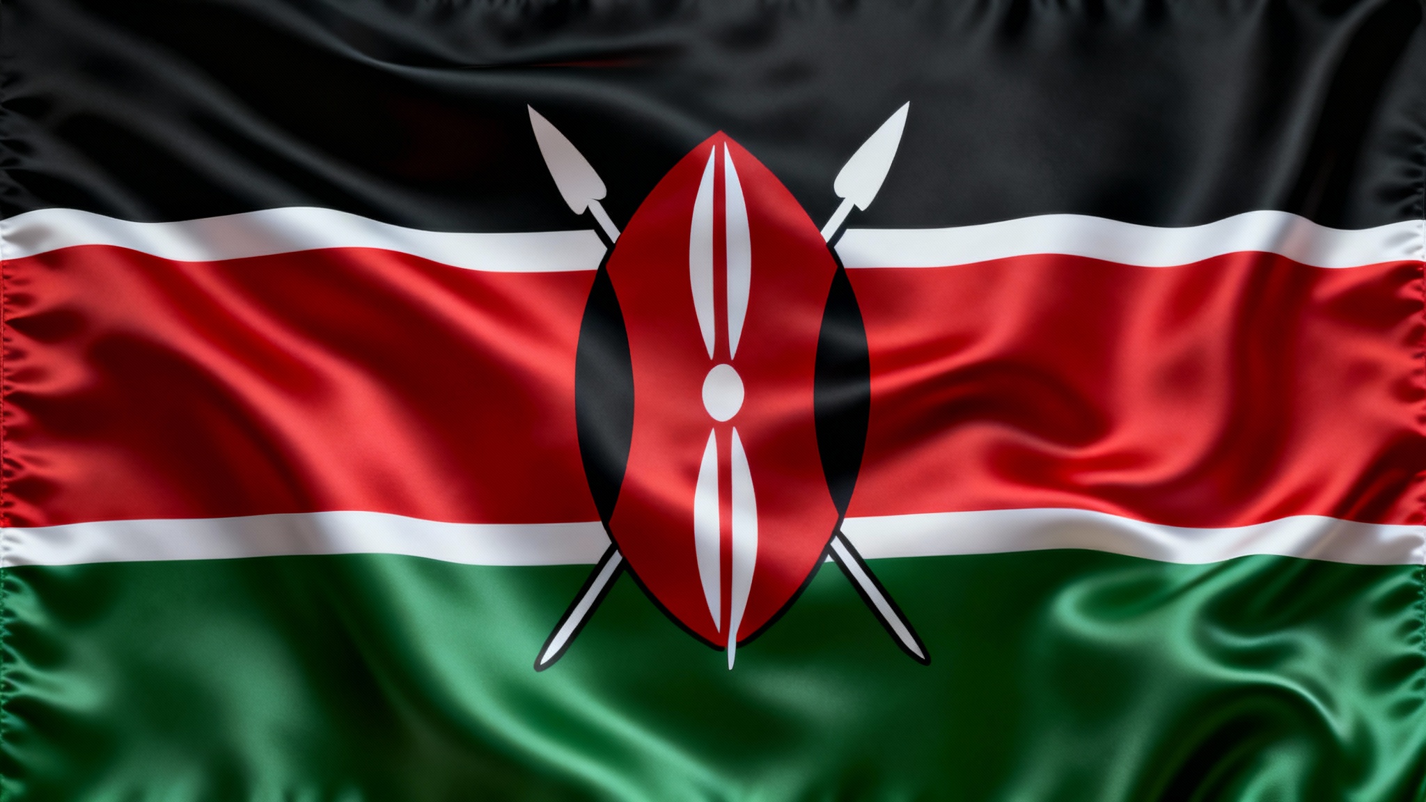 A high-quality background image featuring the Kenyan flag as a gently waving silk fabric, with its black, red, and green stripes, and central Maasai shield and spears in sharp detail.
