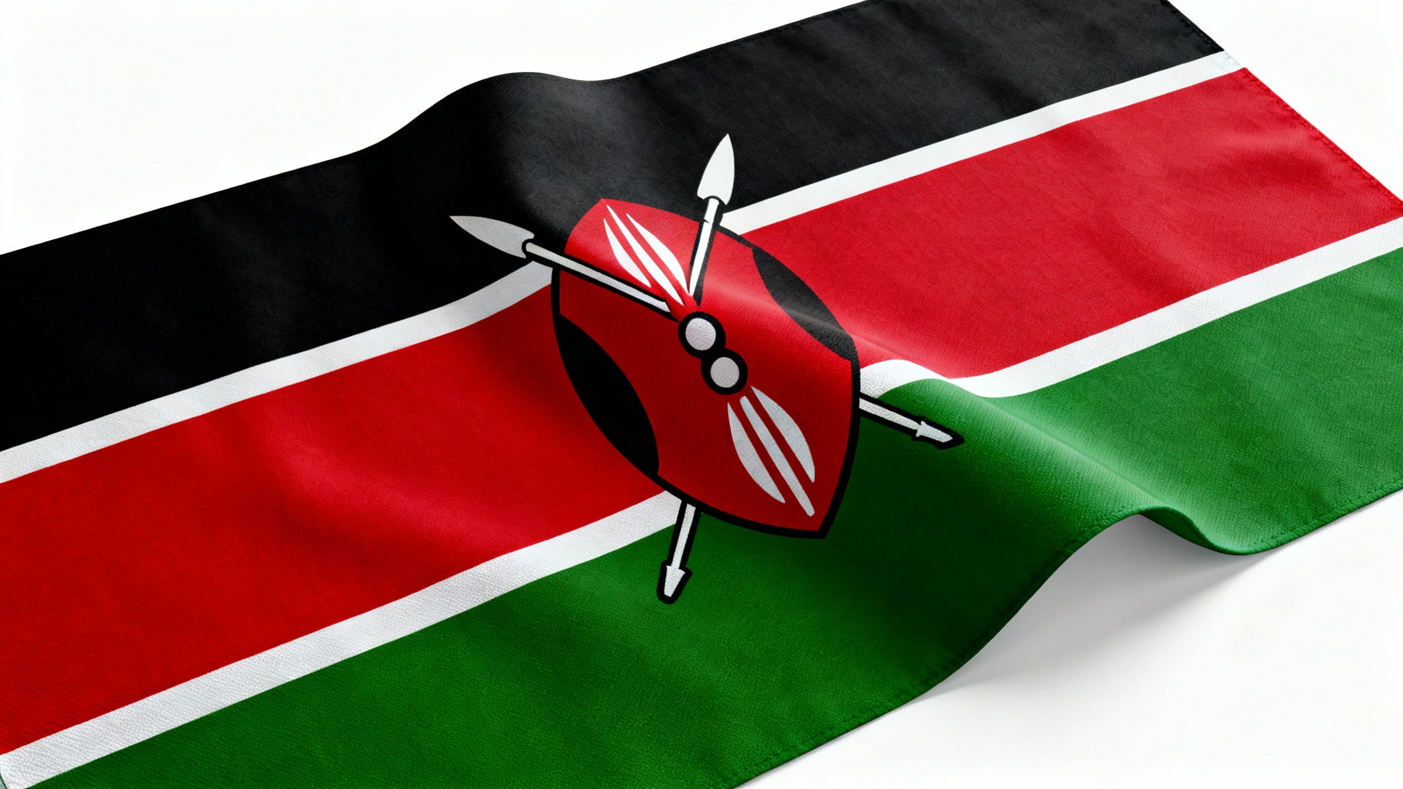A high-resolution, photorealistic background image of the Kenyan flag, featuring its black, red, and green stripes, white fimbriations, and the central Maasai shield with two spears.