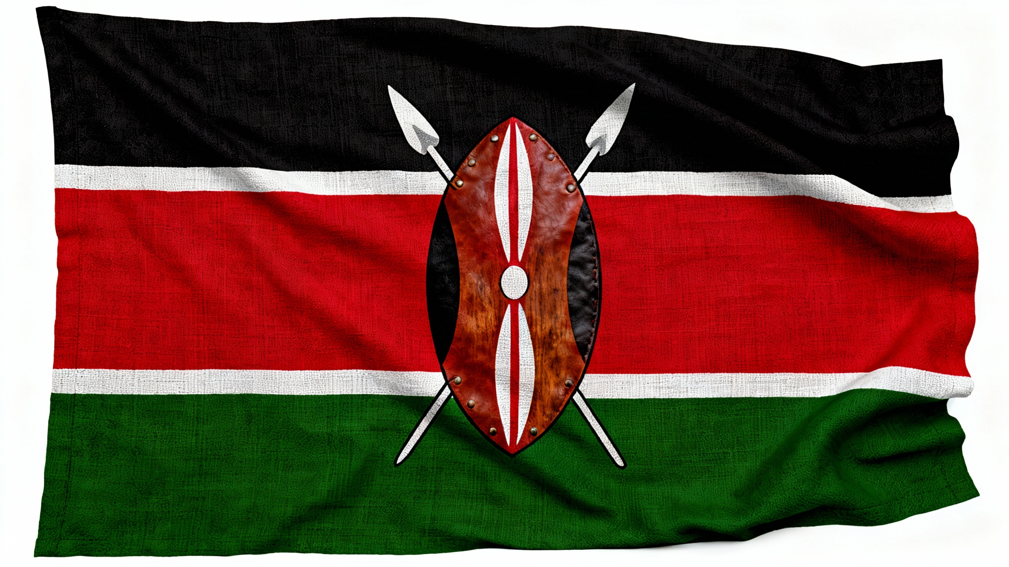 A photorealistic mockup of the Kenyan flag as a textured fabric background, featuring the black, red, green, and white stripes with a central Maasai shield and spears, set against a clean white backdrop.