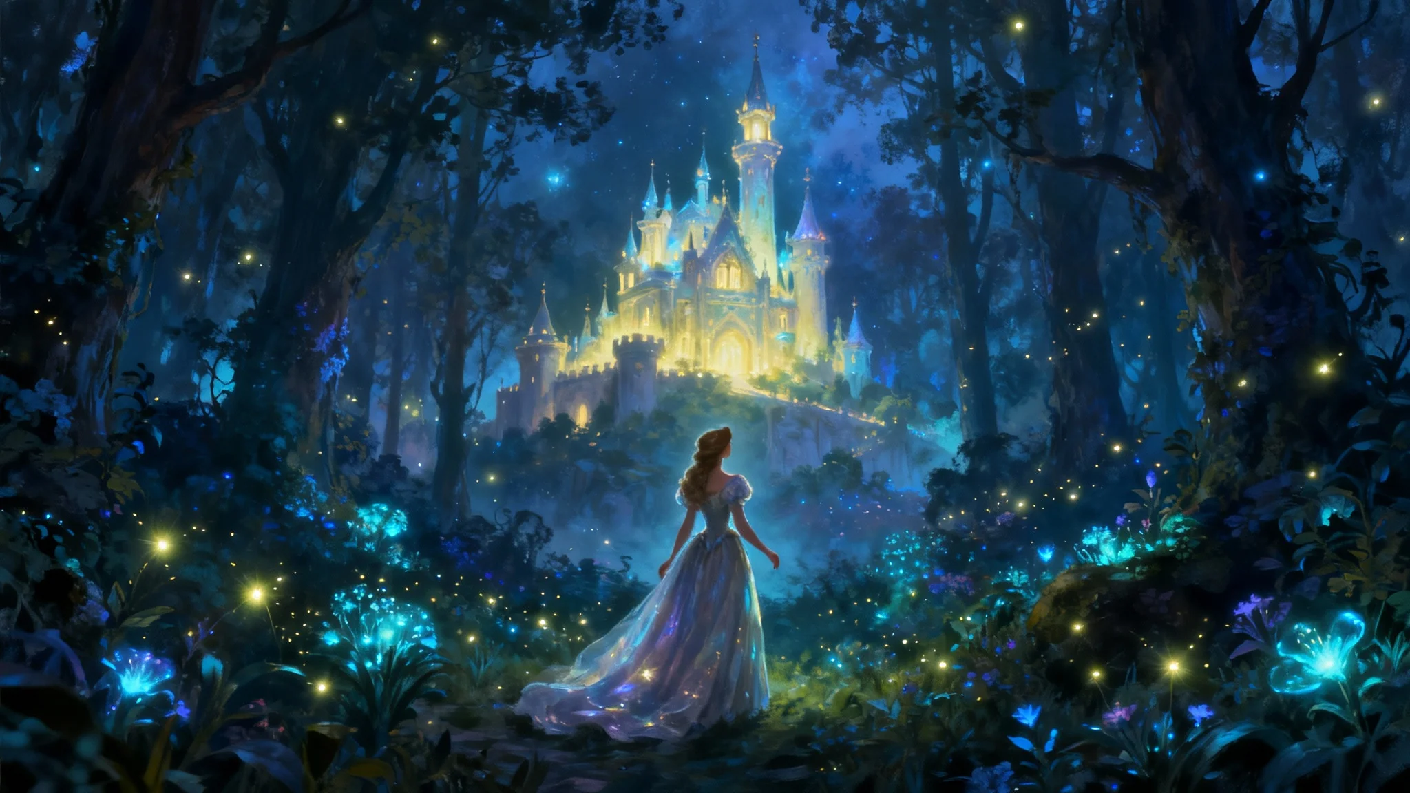 A beautiful, finished piece of fairy tale art showing a princess in an enchanted forest with a glowing castle, demonstrating a final result from an art generator.