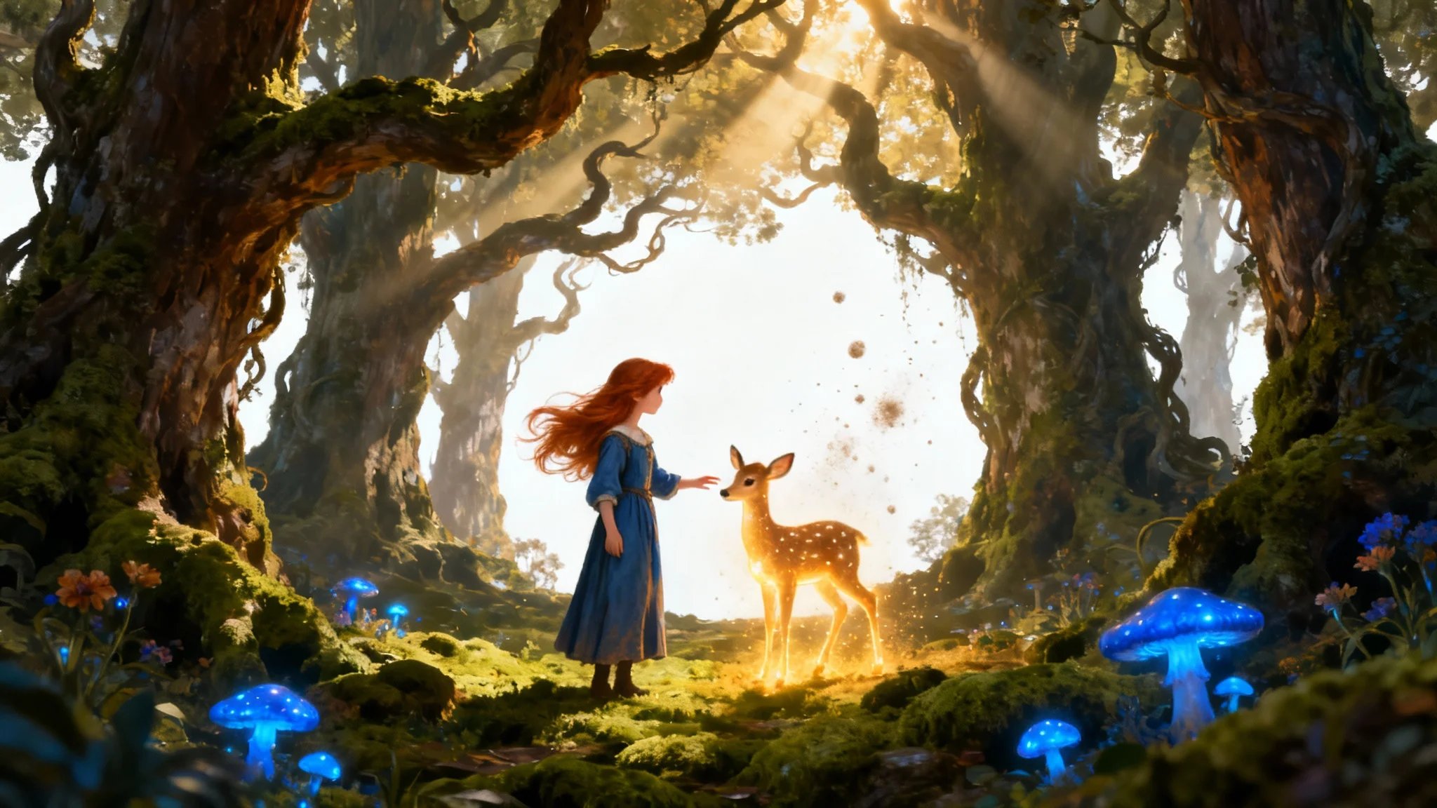 A storybook illustration of a young girl in a blue dress standing in a magical forest, reaching her hand out to a small, glowing deer. Sunlight streams through the trees, illuminating the enchanting scene.