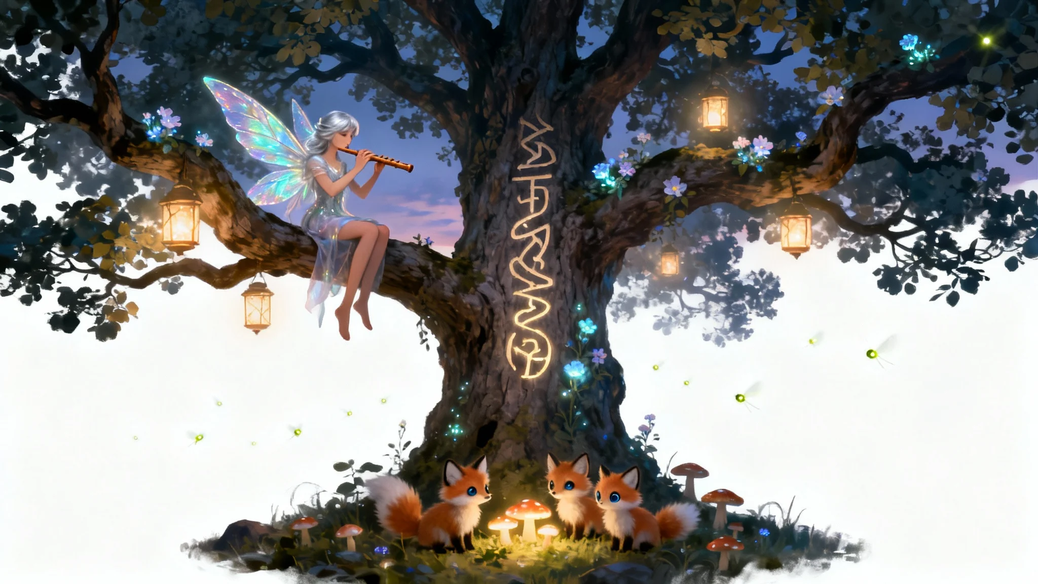 An enchanting fairy tale illustration of a fairy playing a flute in a magical tree, surrounded by glowing flowers and mystical creatures, set against a white background.