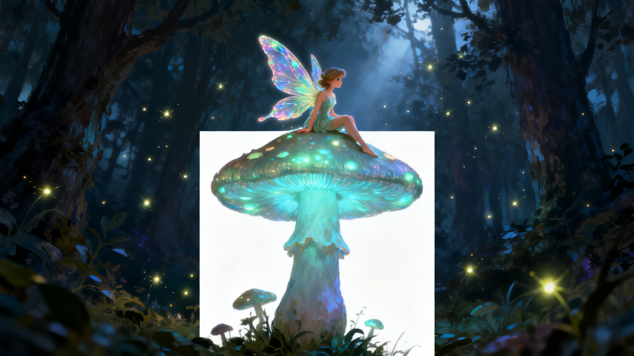 A digital painting of a tiny fairy with iridescent wings sitting on a large, glowing mushroom in a magical, dark forest, presented as a fairy tale art example.
