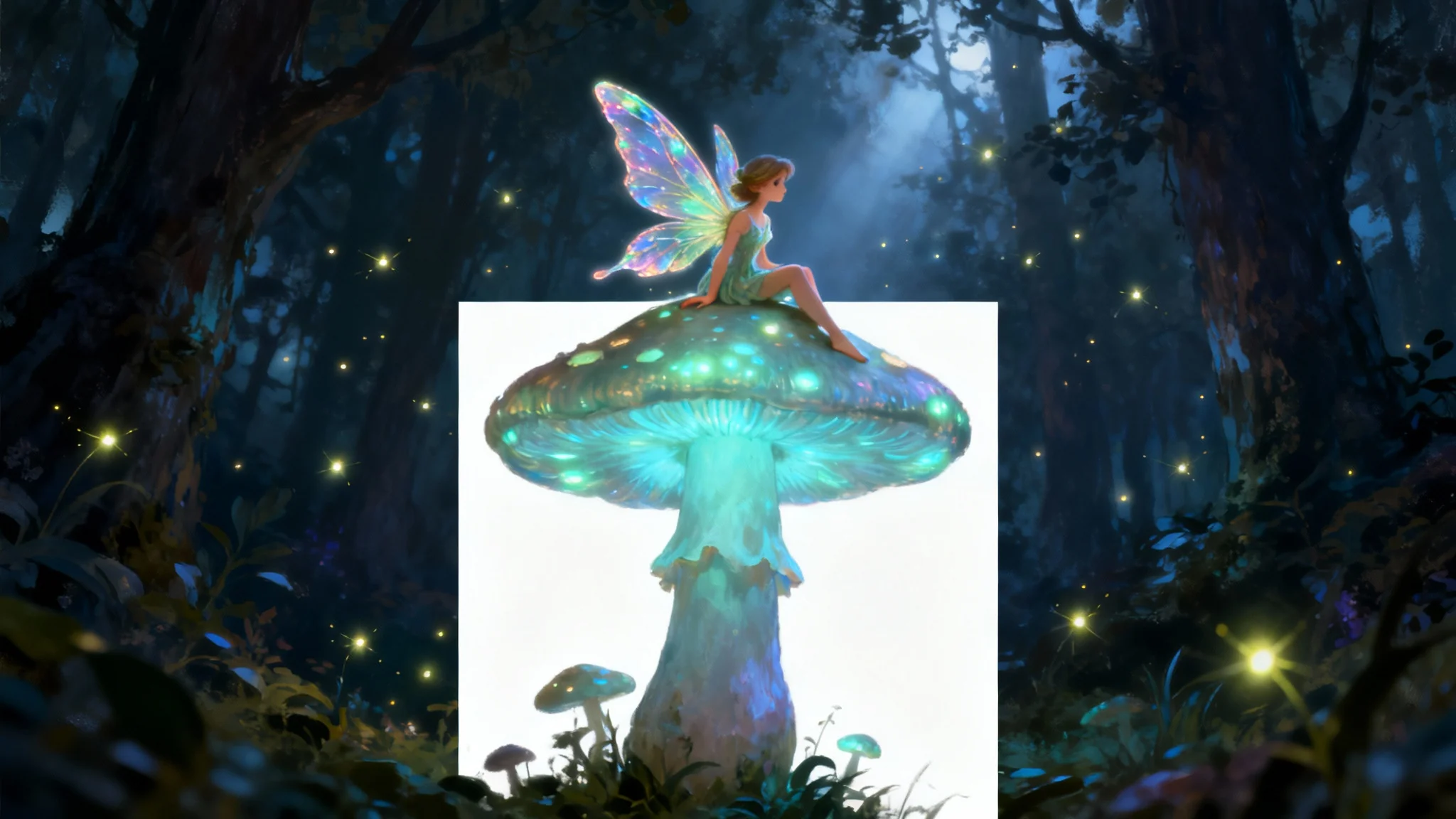 A digital painting of a tiny fairy with iridescent wings sitting on a large, glowing mushroom in a magical, dark forest, presented as a fairy tale art example.