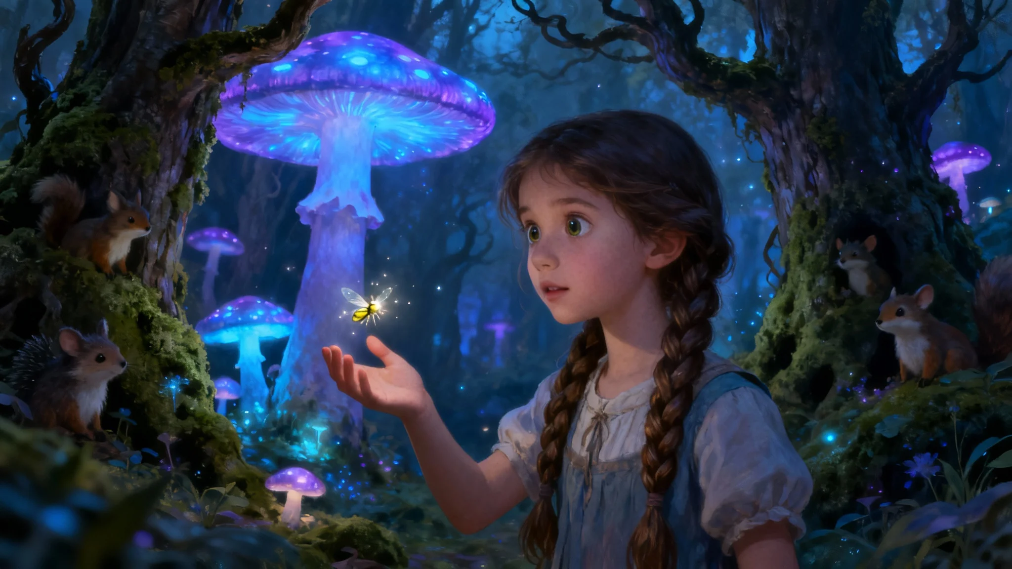 A fairy tale art illustration of a young girl in an enchanted forest, reaching for a glowing firefly amidst magical, oversized mushrooms.