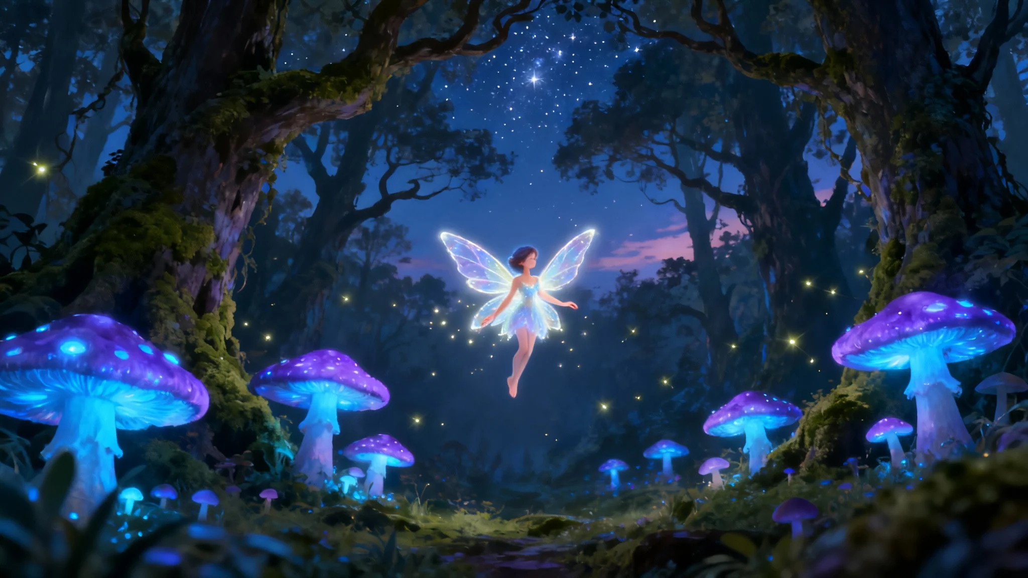 A whimsical digital painting of a tiny, glowing fairy hovering in a magical forest filled with giant, luminous mushrooms and sparkling fireflies, presented as a mockup on a white background.