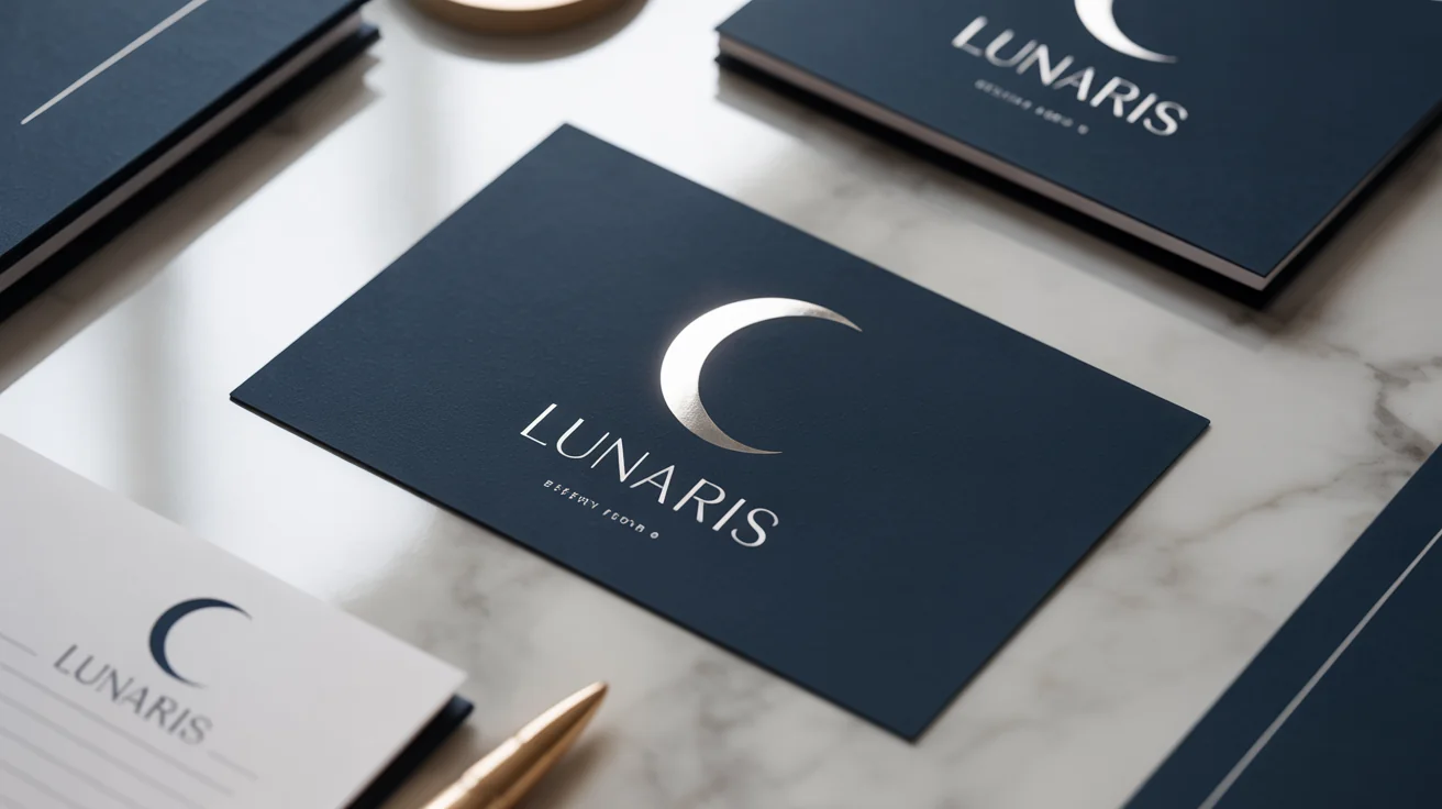 A professional branding mockup showcasing a modern moon logo for a company called 'Lunaris' on a business card and other stationery.
