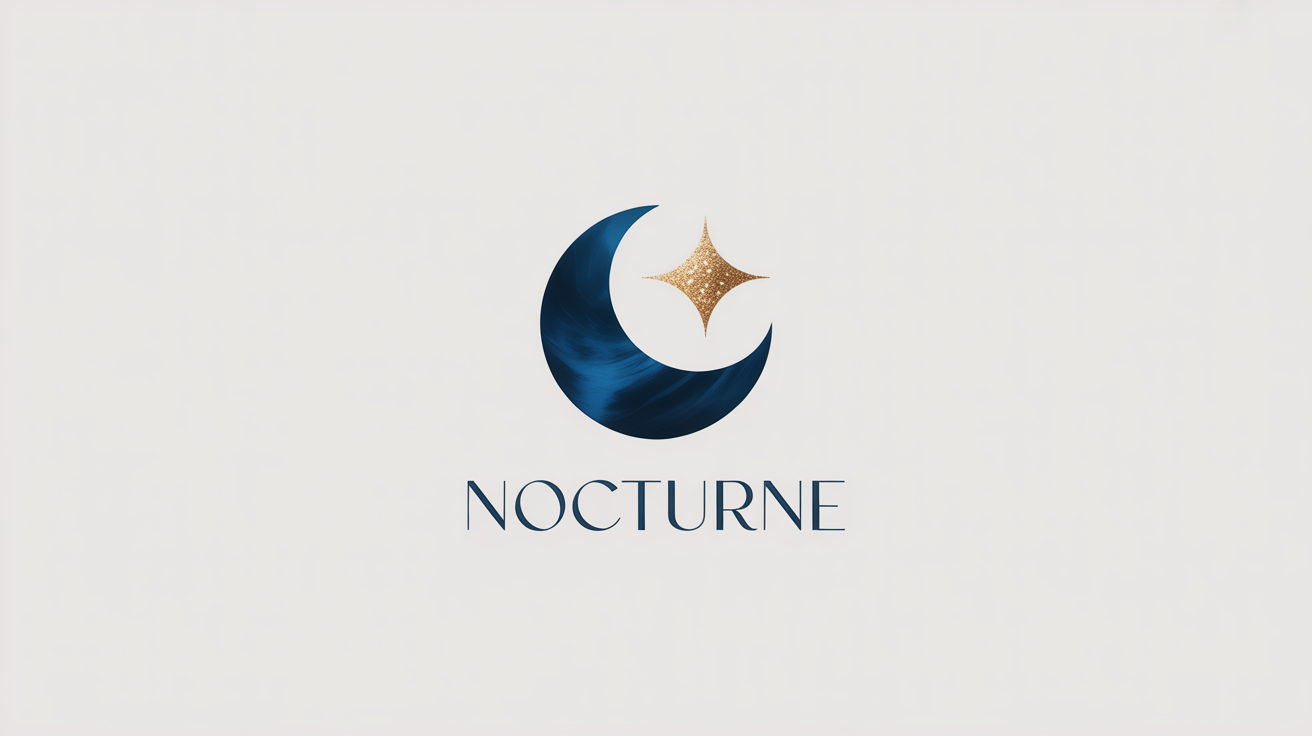 A modern, minimalist logo of a navy blue crescent moon with a small gold star, with the word 'NOCTURNE' written below it in a navy blue sans-serif font, all on a clean white background.