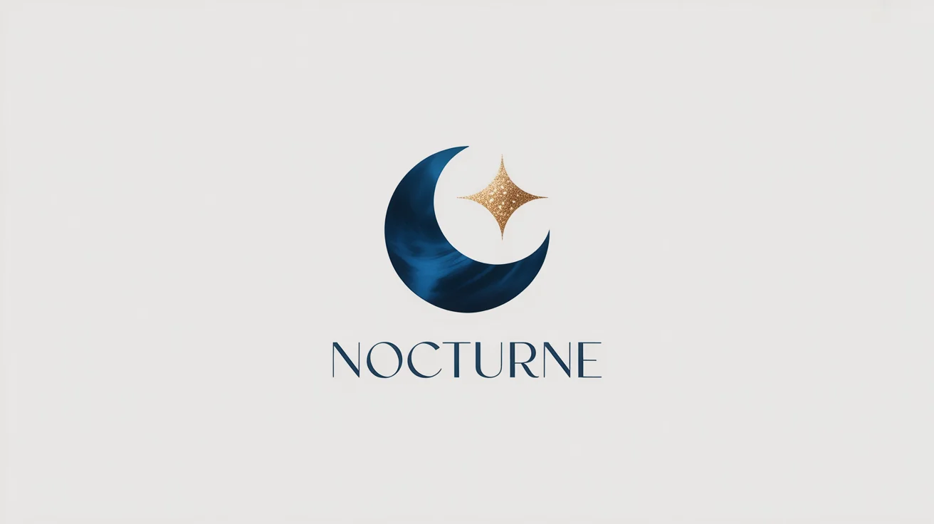 A modern, minimalist logo of a navy blue crescent moon with a small gold star, with the word 'NOCTURNE' written below it in a navy blue sans-serif font, all on a clean white background.