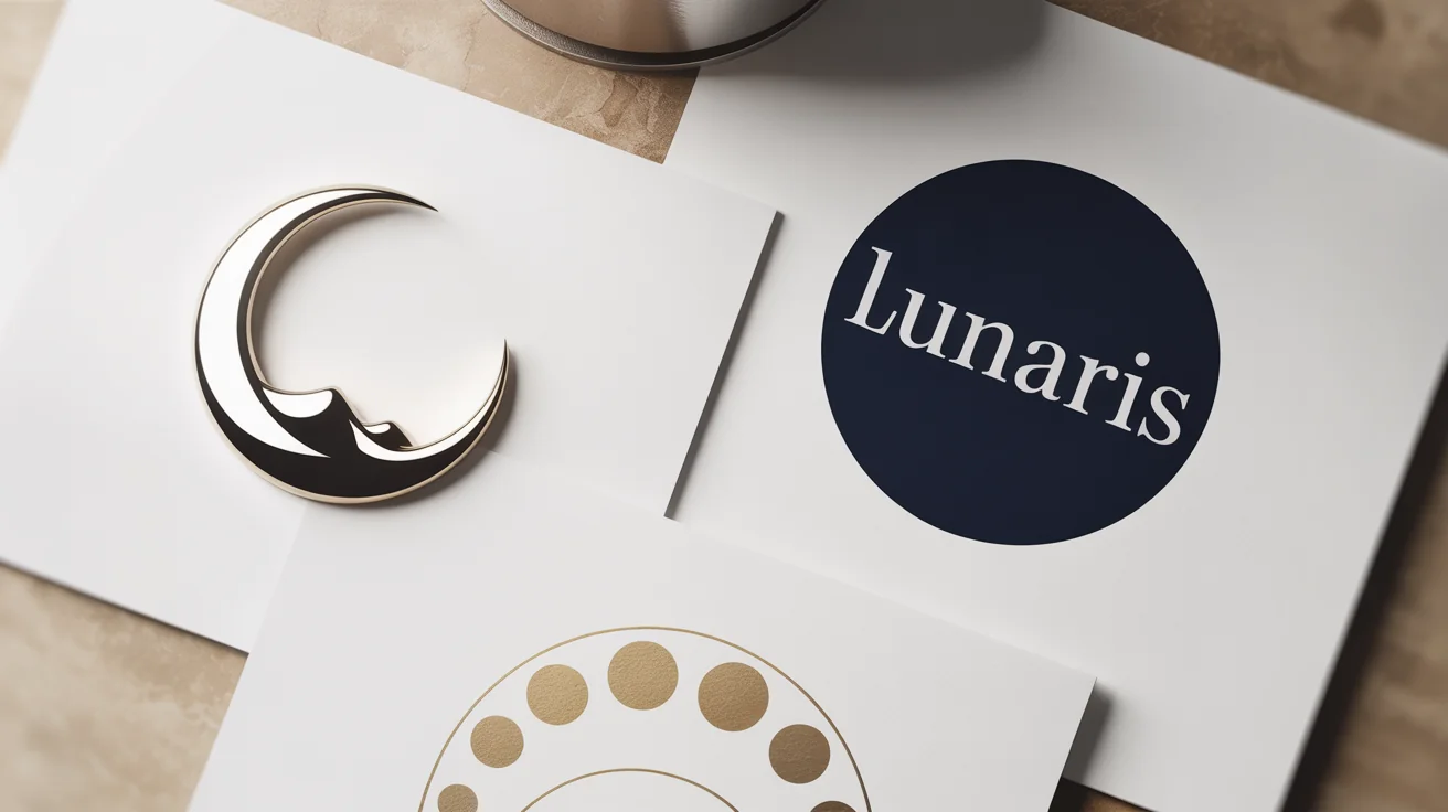 A showcase of three modern moon logo designs on a white background: a silver crescent with a mountain, a navy full moon with the text 'LUNARIS', and a golden arc of lunar phases.