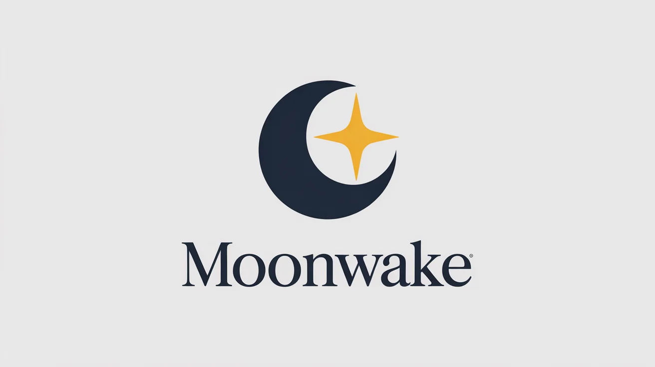 A minimalist moon logo on a white background. The logo consists of a dark navy blue crescent moon with a small gold star inside its curve, and the word 'MOONWAKE' written below it.