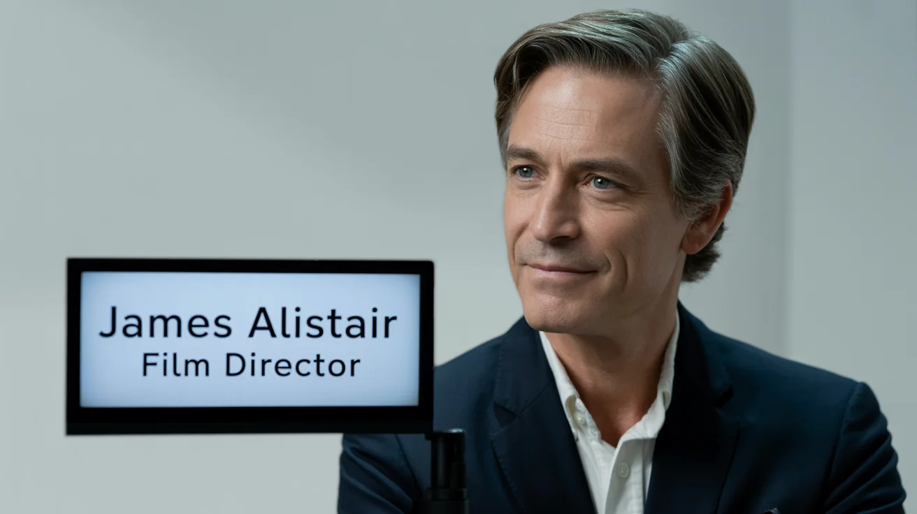 A photorealistic mockup of a cinematic video frame showing an interview with a film director, with a sleek lower third graphic displaying the name 'James Alistair' and his title 'Film Director'.