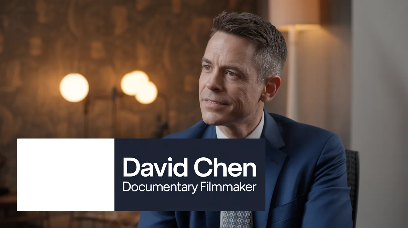 A mockup of a cinematic lower third graphic overlaid on a video still of a man in an interview. The lower third displays the name 'DAVID CHEN' and the title 'Documentary Filmmaker' in clean, modern text.