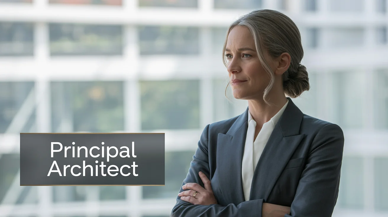 A cinematic still of an architect in her office, with a professional lower third graphic in the corner displaying the name 'ELARA VANCE' and title 'PRINCIPAL ARCHITECT'.