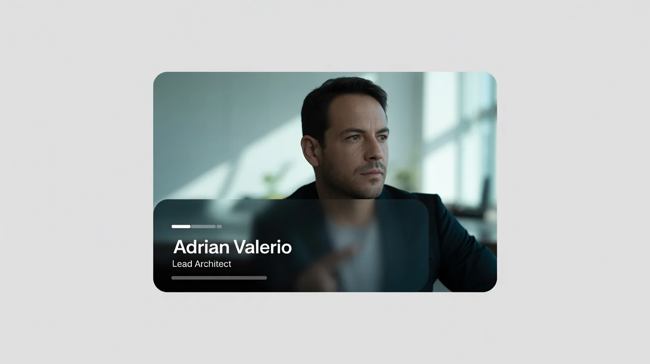 A mockup of a cinematic lower third graphic displaying the name 'Adrian Valerio, Lead Architect' over a still frame of a professional man in an office.