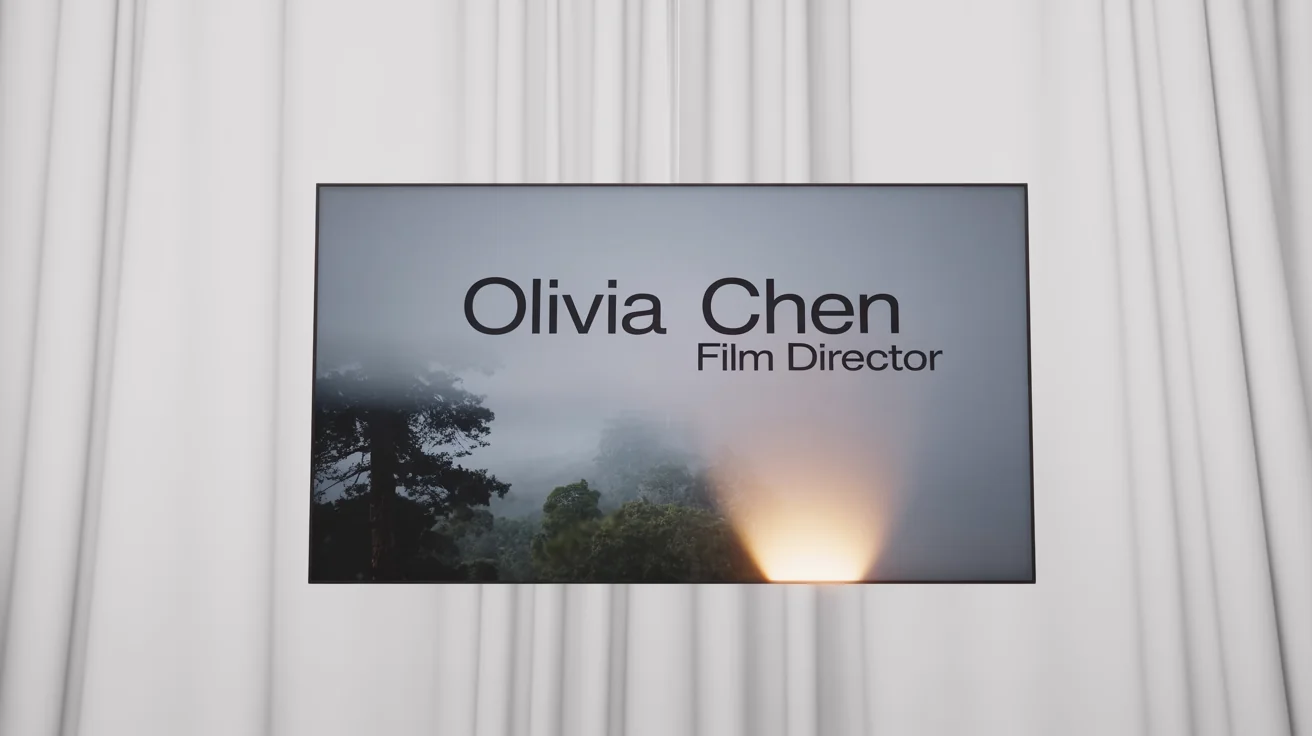 A mockup of a cinematic lower third graphic with the text 'OLIVIA CHEN, FILM DIRECTOR' displayed against a clean white background.