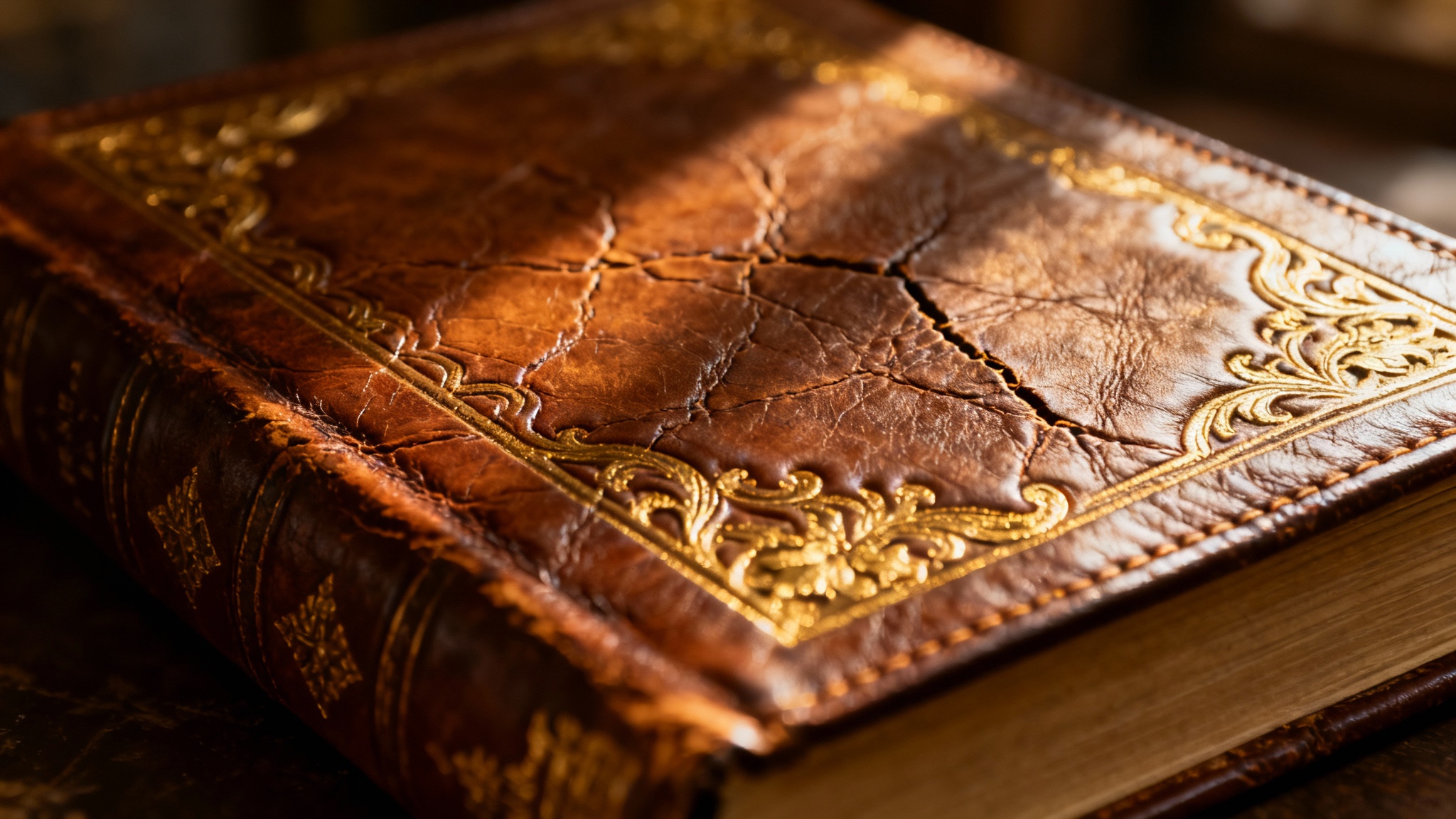 A detailed, close-up photograph of a vintage brown leather book cover, showing the intricate texture and embossed gold details under warm lighting.