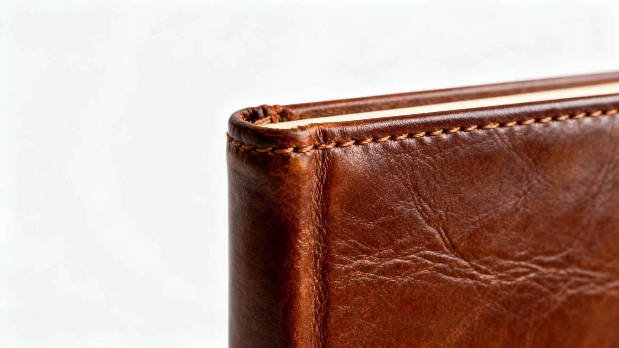 A close-up, detailed photograph of a rich brown leather book cover texture, showcasing its natural grain and fine details on a clean white background.