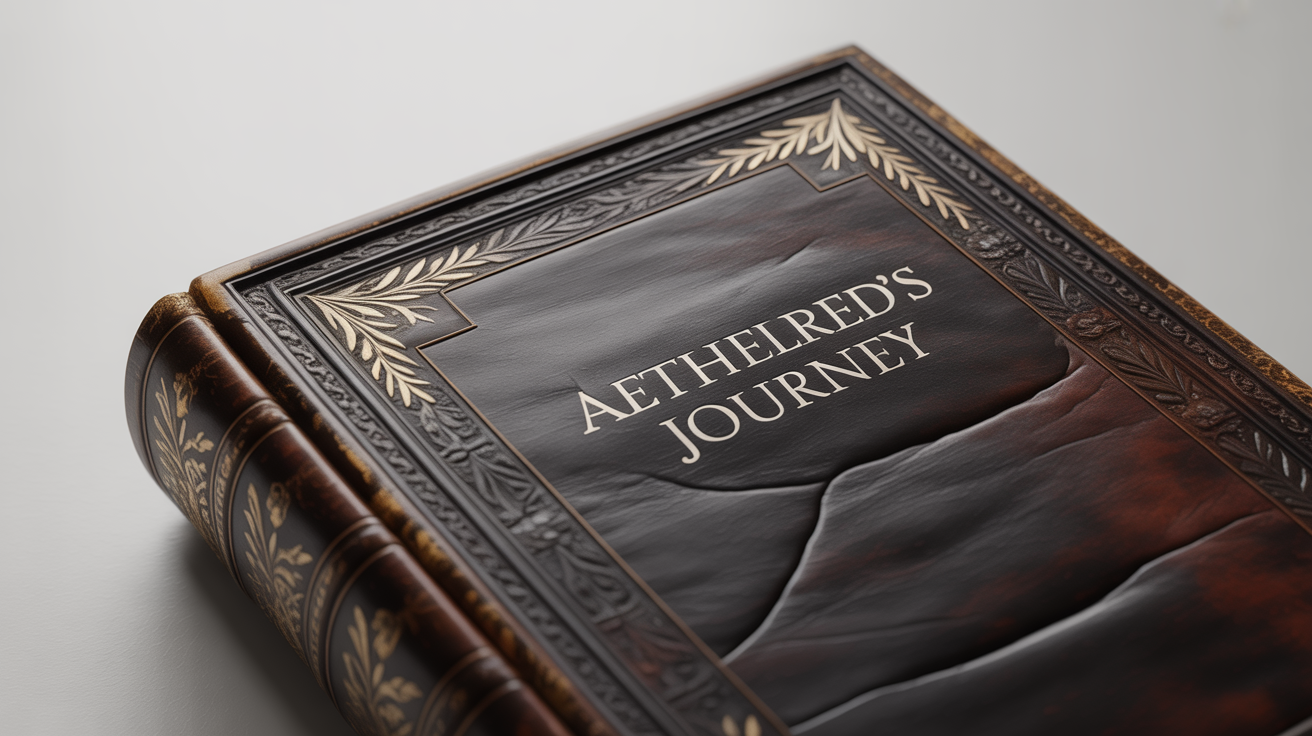 A detailed, macro shot of a dark brown leather book cover texture, featuring an embossed gold filigree and the legible title 'AETHELRED'S JOURNEY' against a clean white background.