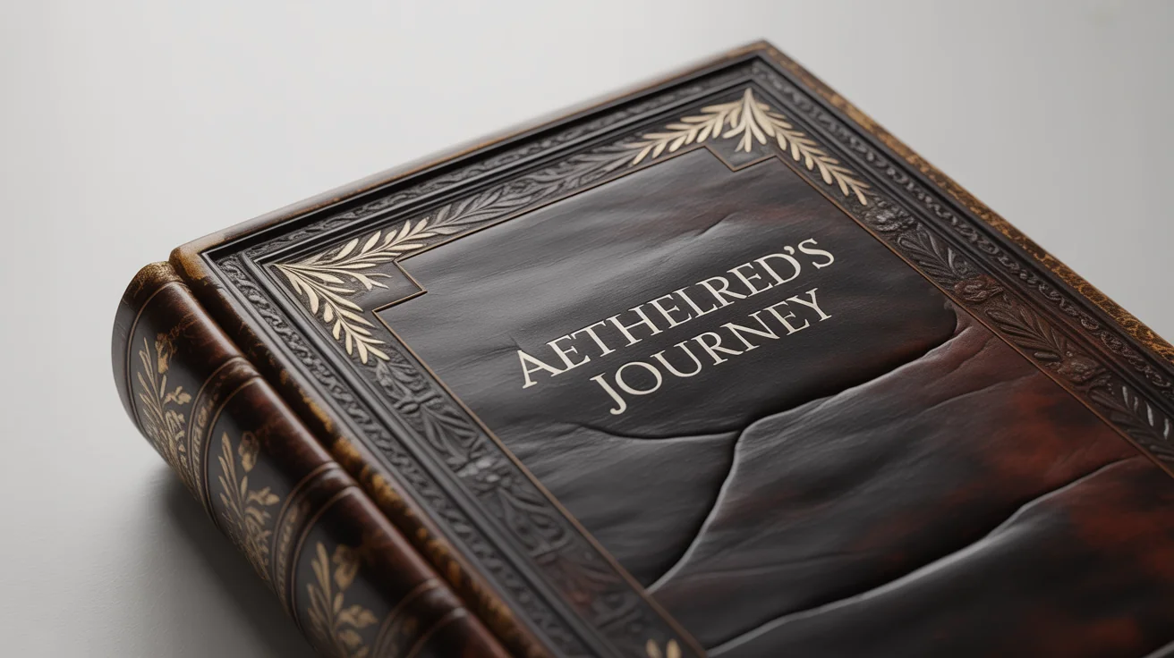 A detailed, macro shot of a dark brown leather book cover texture, featuring an embossed gold filigree and the legible title 'AETHELRED'S JOURNEY' against a clean white background.
