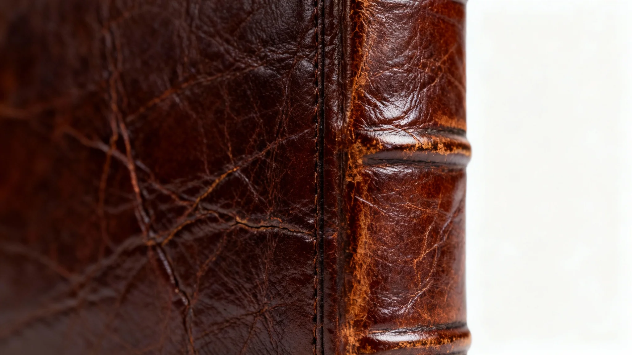 A hyper-detailed macro view of a dark brown, vintage leather texture, emphasizing its natural grain and weathered surface.