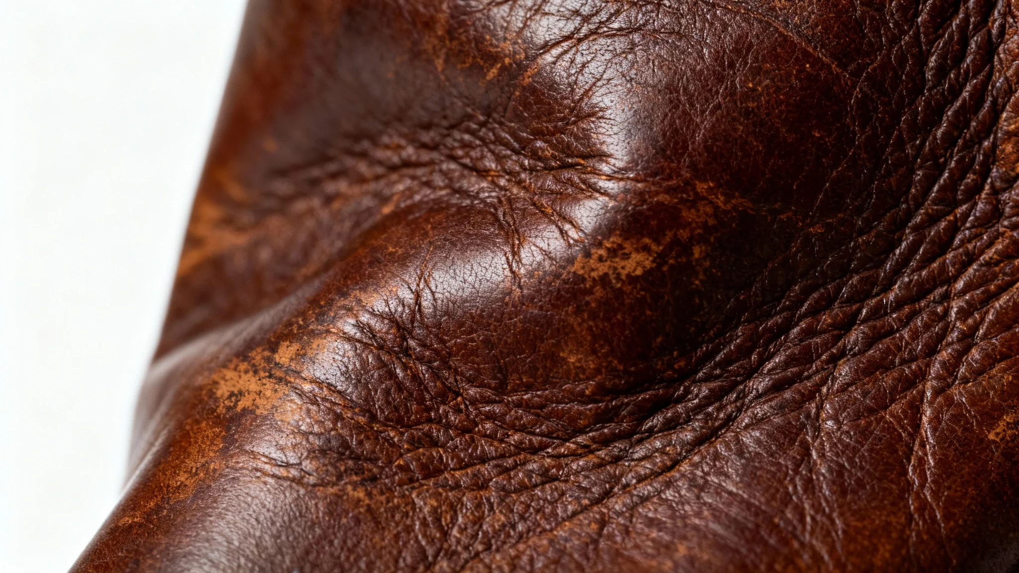 A hyper-realistic, macro close-up of a rich, brown leather texture, showcasing its detailed grain and subtle creases against a plain white background.