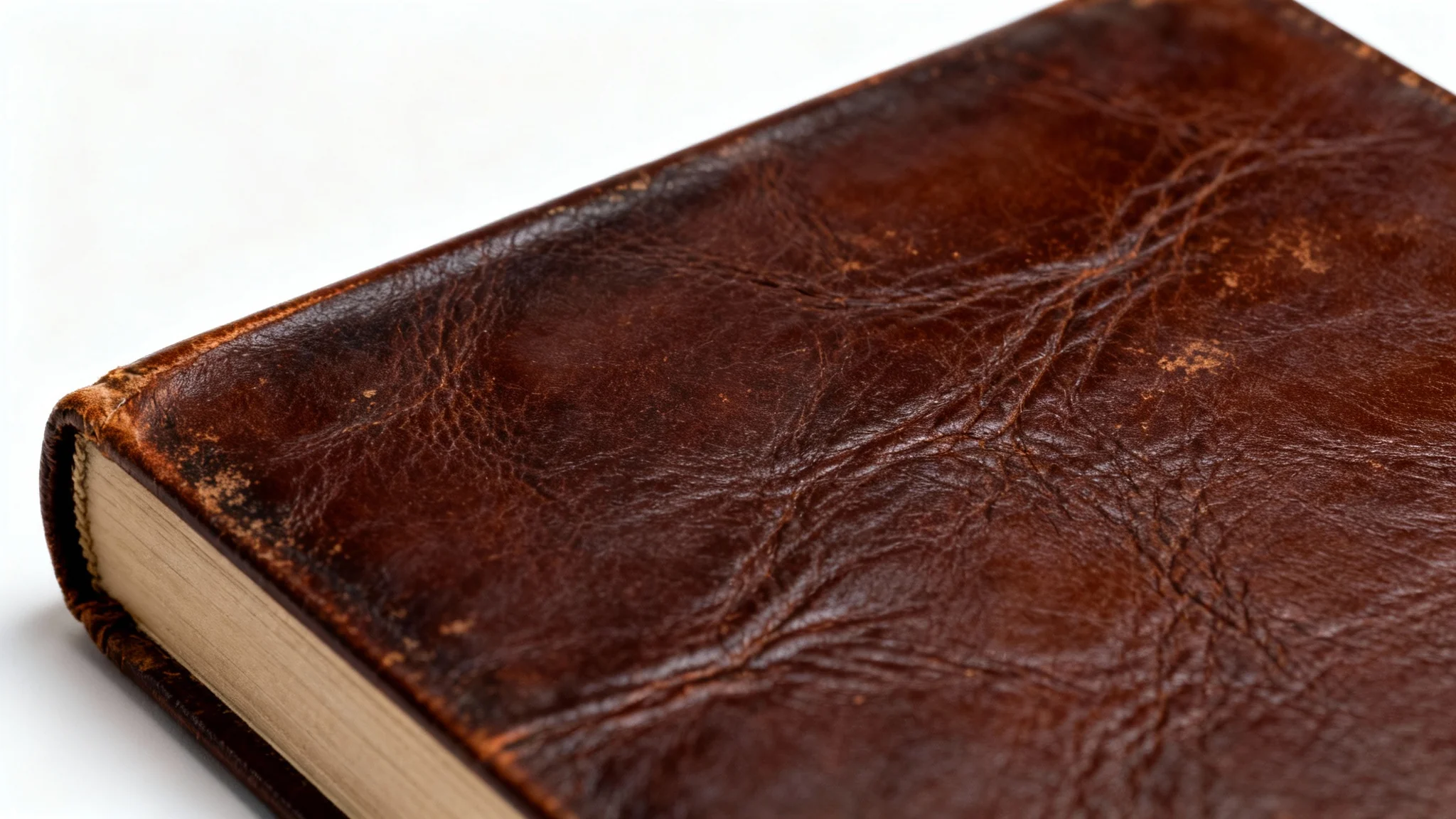 A detailed macro shot of a dark brown leather book cover, showing the natural grain and texture of the material against a clean white background.