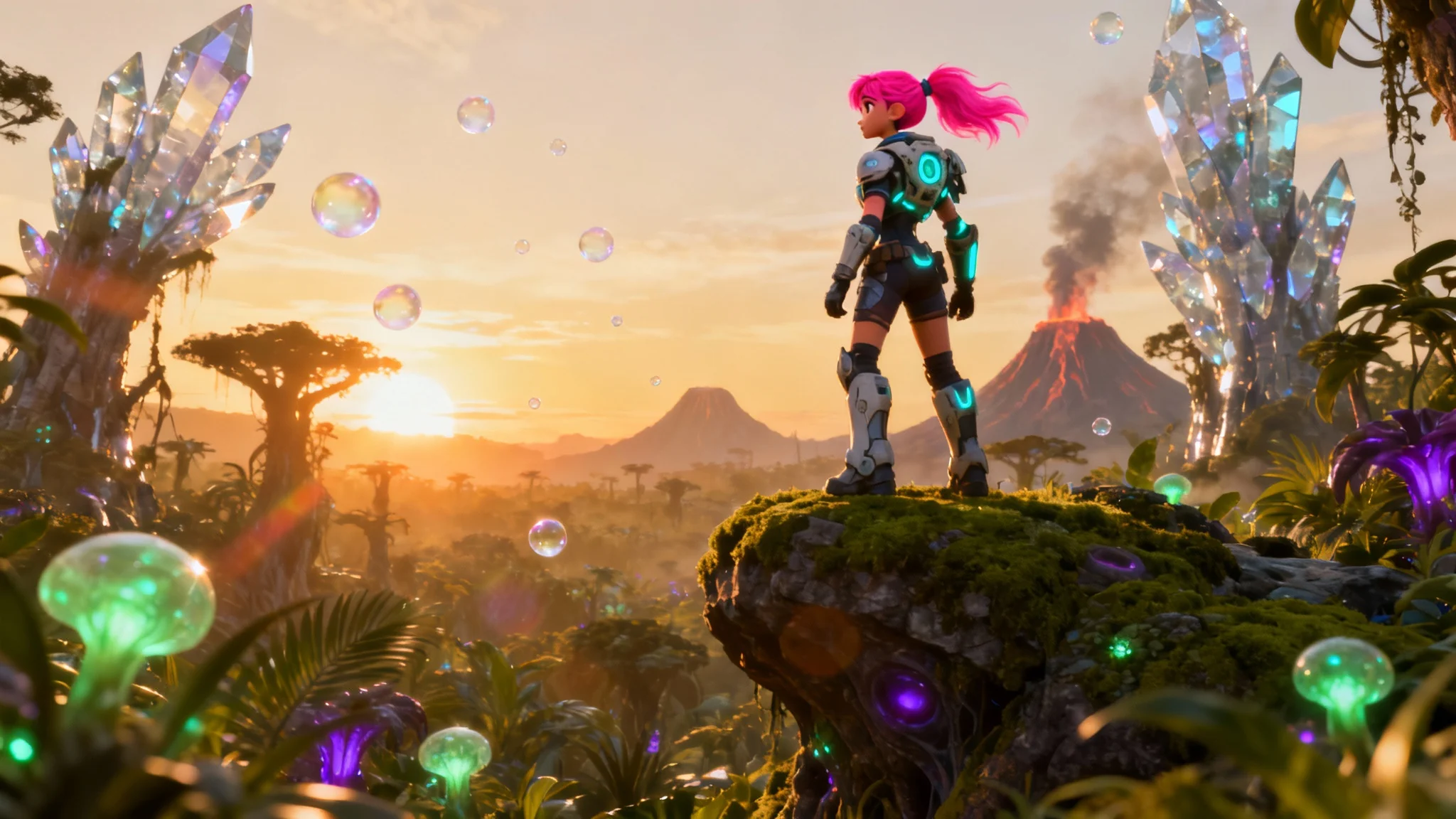 A cinematic still from a 3D animation showing a female character with pink hair looking out over a vast, vibrant alien jungle, representing a high-quality video animation result.