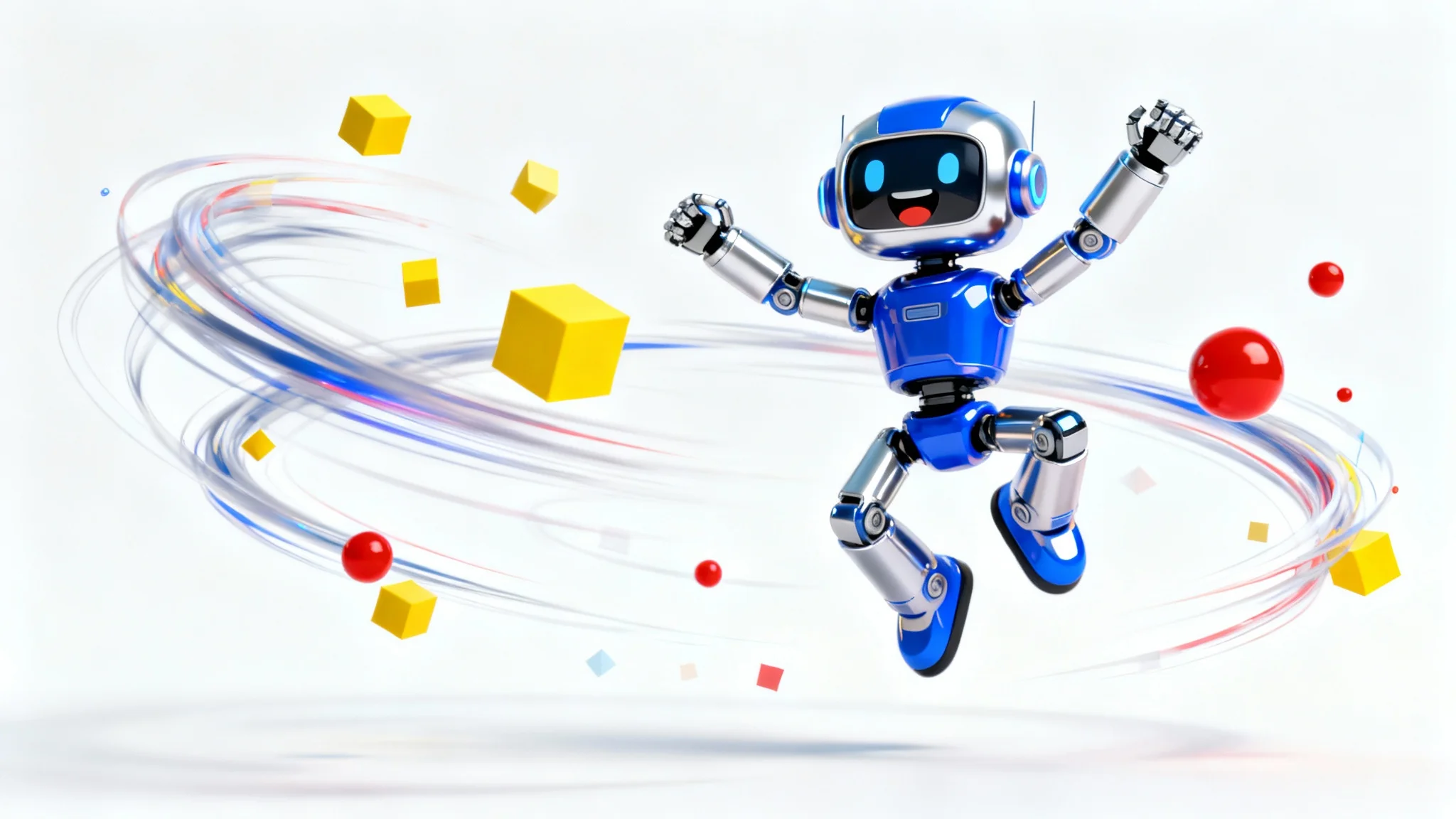 A 3D animated friendly robot leaping joyfully against a white background, surrounded by colorful shapes and motion trails, representing video animation.
