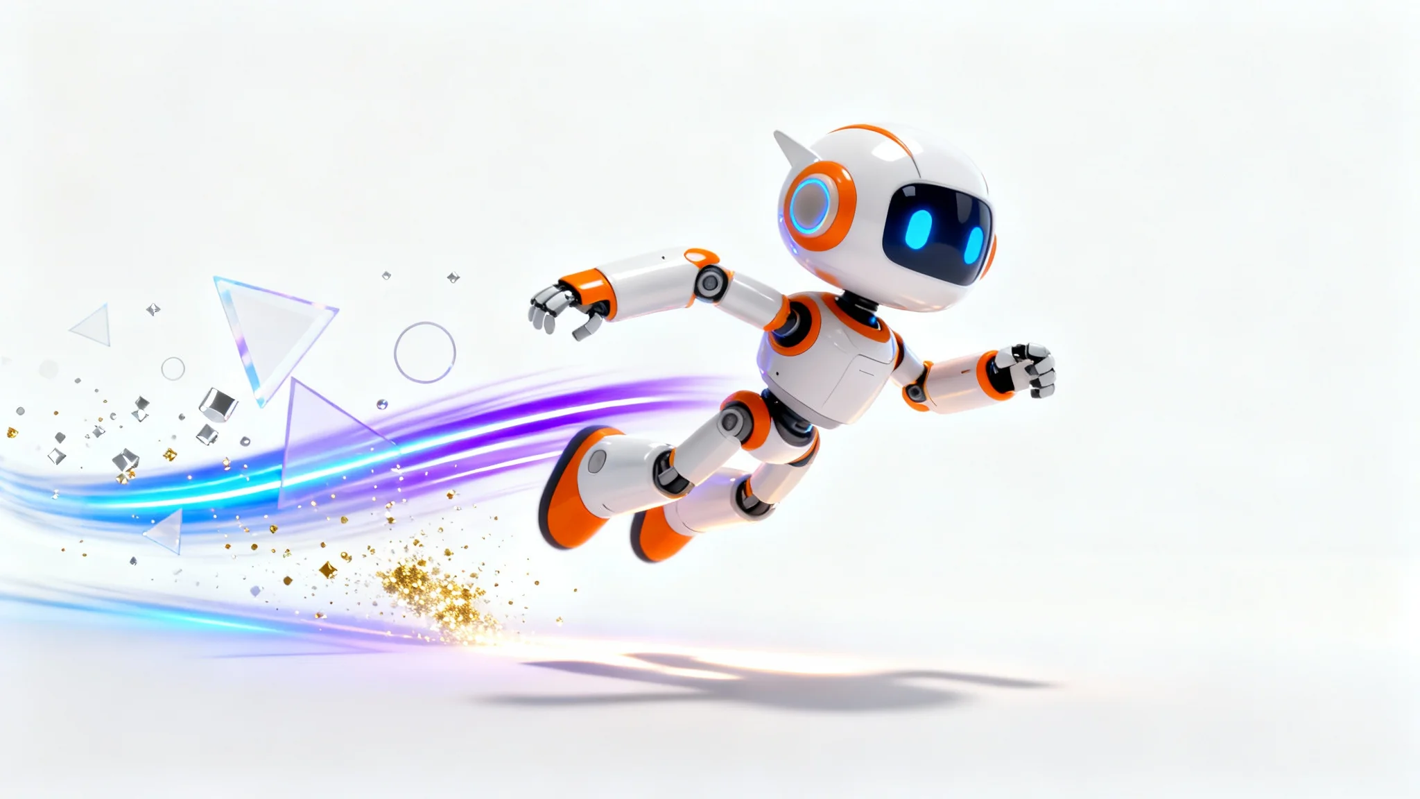 A stylized 3D character animation of a friendly robot leaping, leaving a colorful trail of blue and purple motion graphics, all on a clean white background.