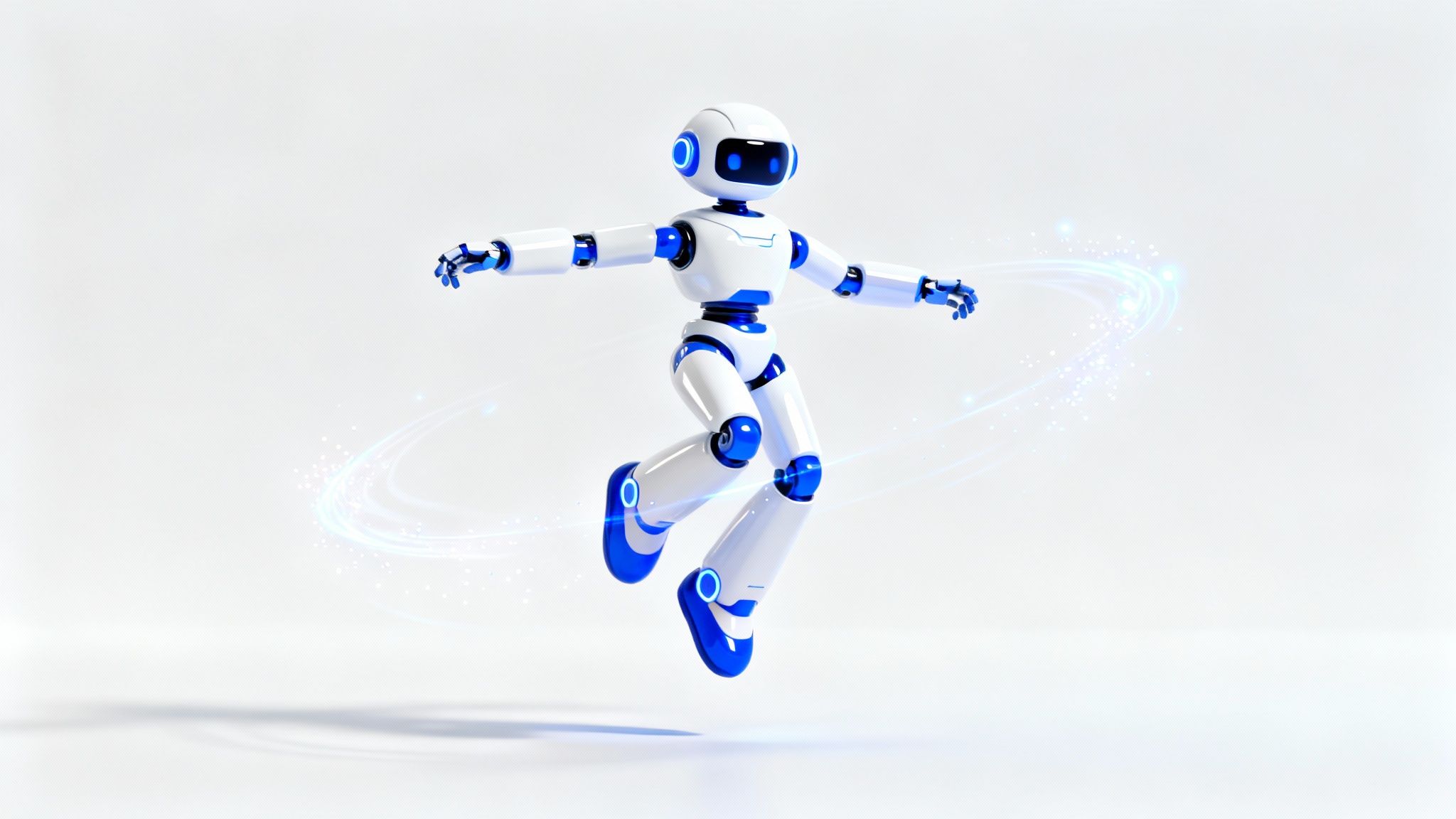 A 3D animated robot character in blue and white, frozen mid-jump against a white background, with light trails showing its path of motion.