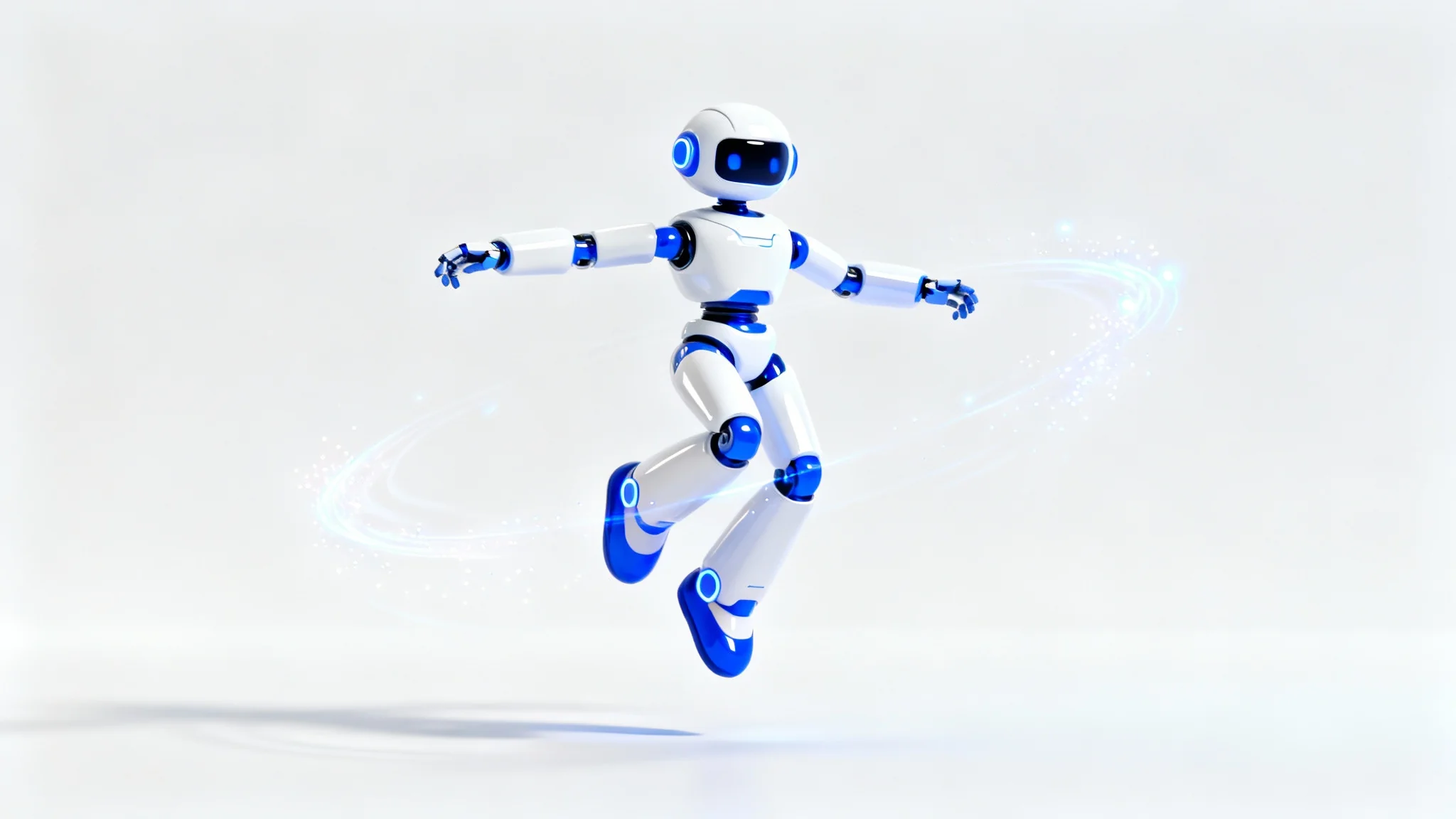 A 3D animated robot character in blue and white, frozen mid-jump against a white background, with light trails showing its path of motion.