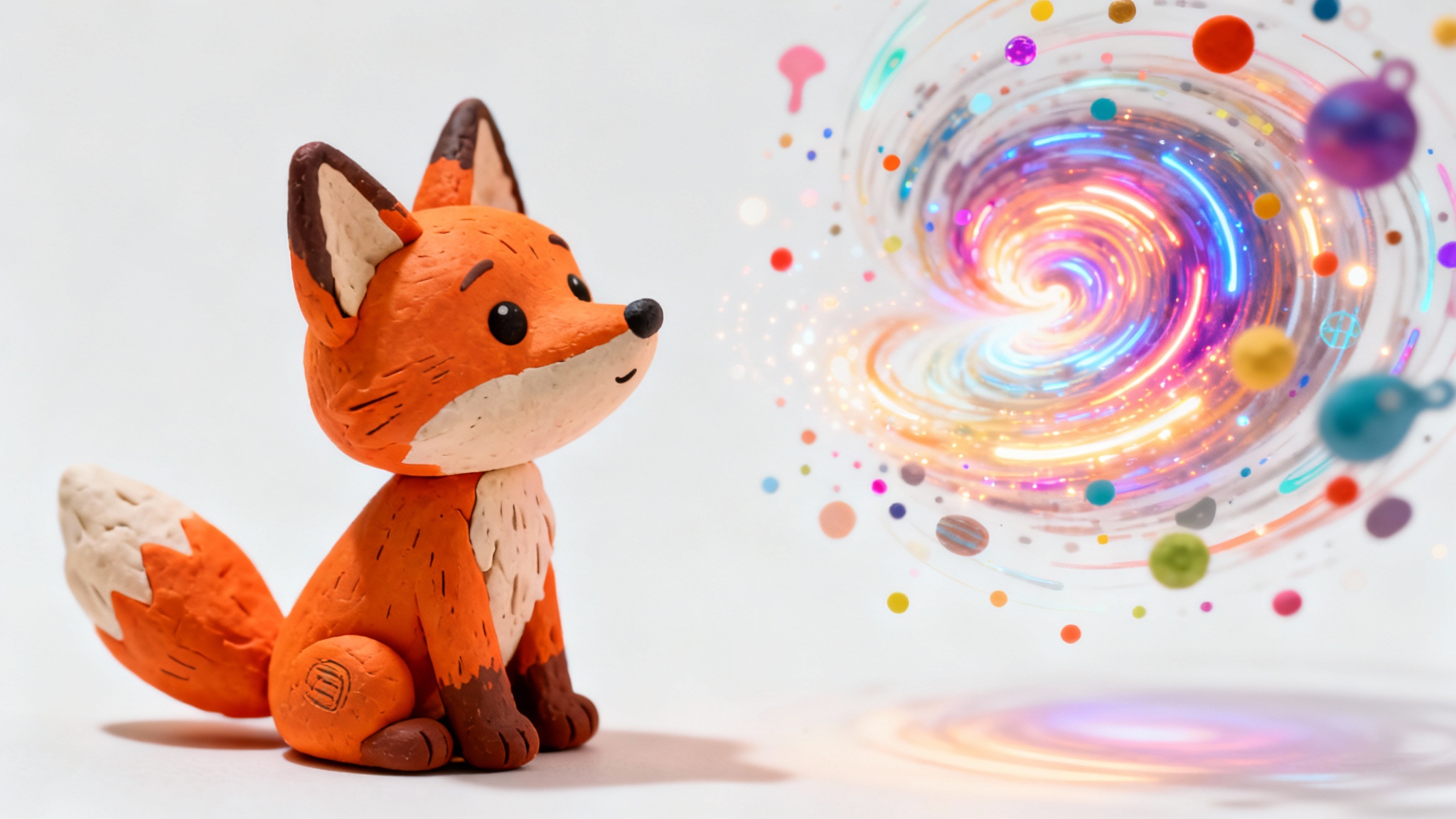 A stop-motion style claymation scene featuring a small orange fox looking in awe at a swirl of colorful animated lights, set against a clean white background to represent video animation.