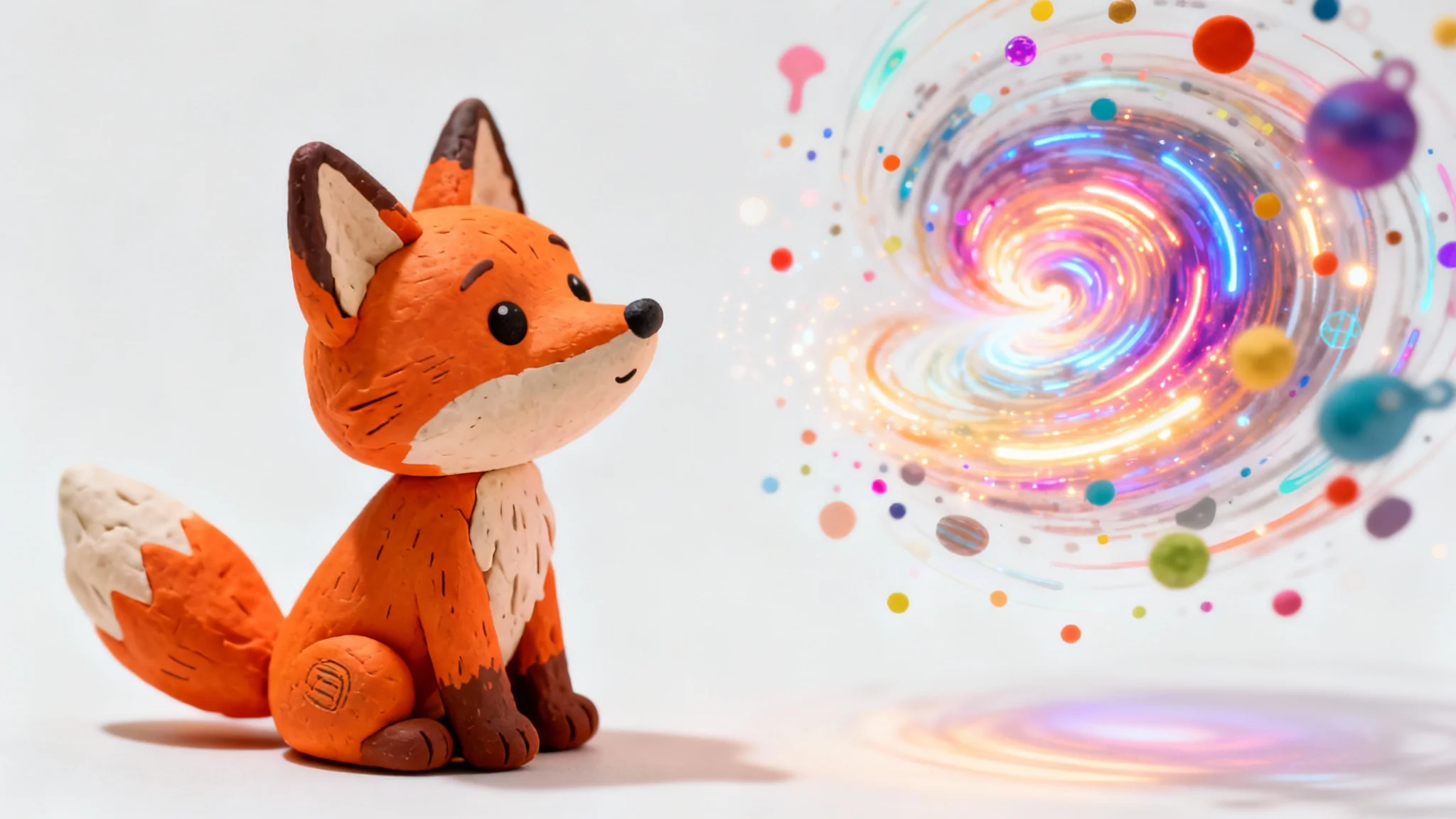 A stop-motion style claymation scene featuring a small orange fox looking in awe at a swirl of colorful animated lights, set against a clean white background to represent video animation.